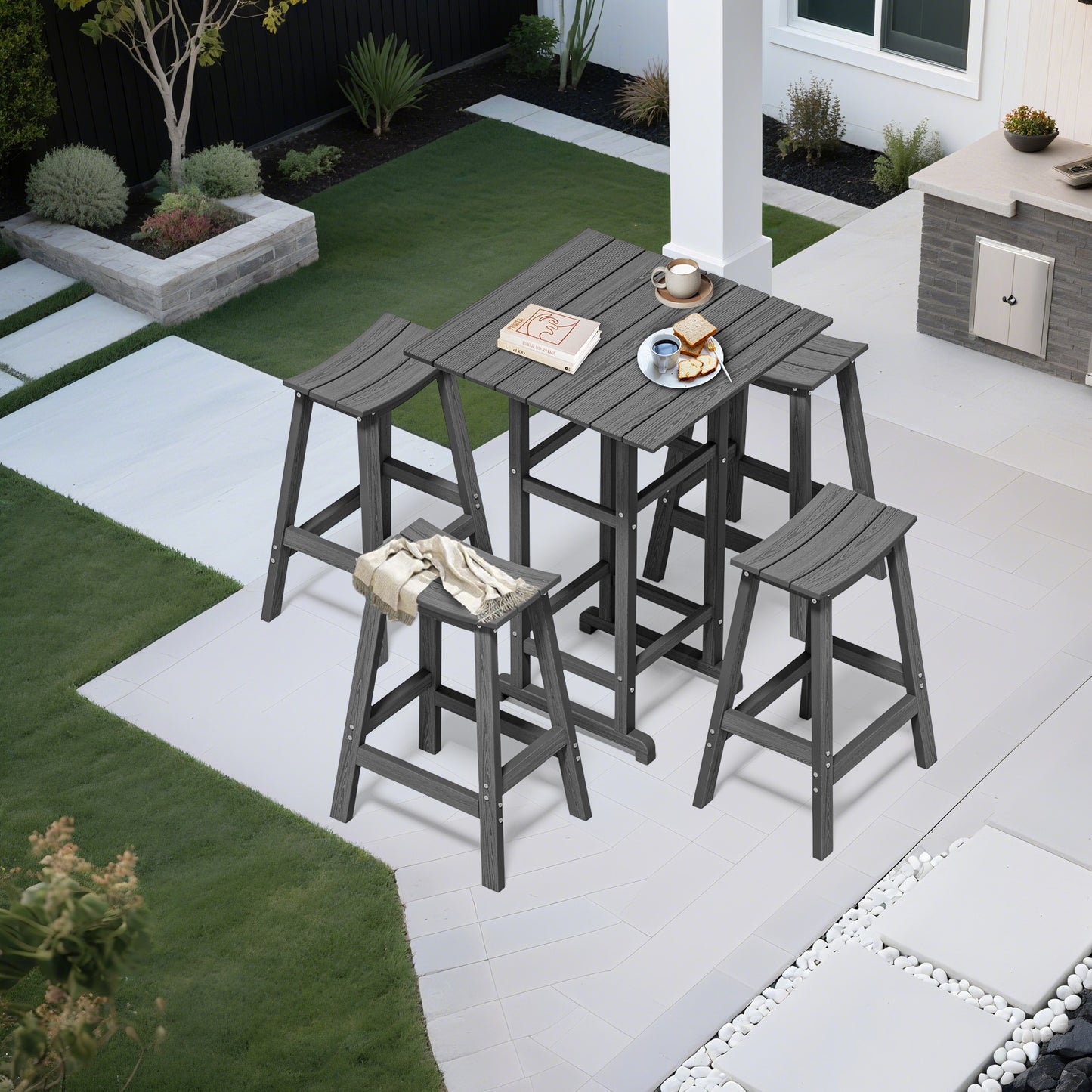 5-Piece HDPE Outdoor Bar Set – Patio Bar Table & 4 Stools, All-Weather