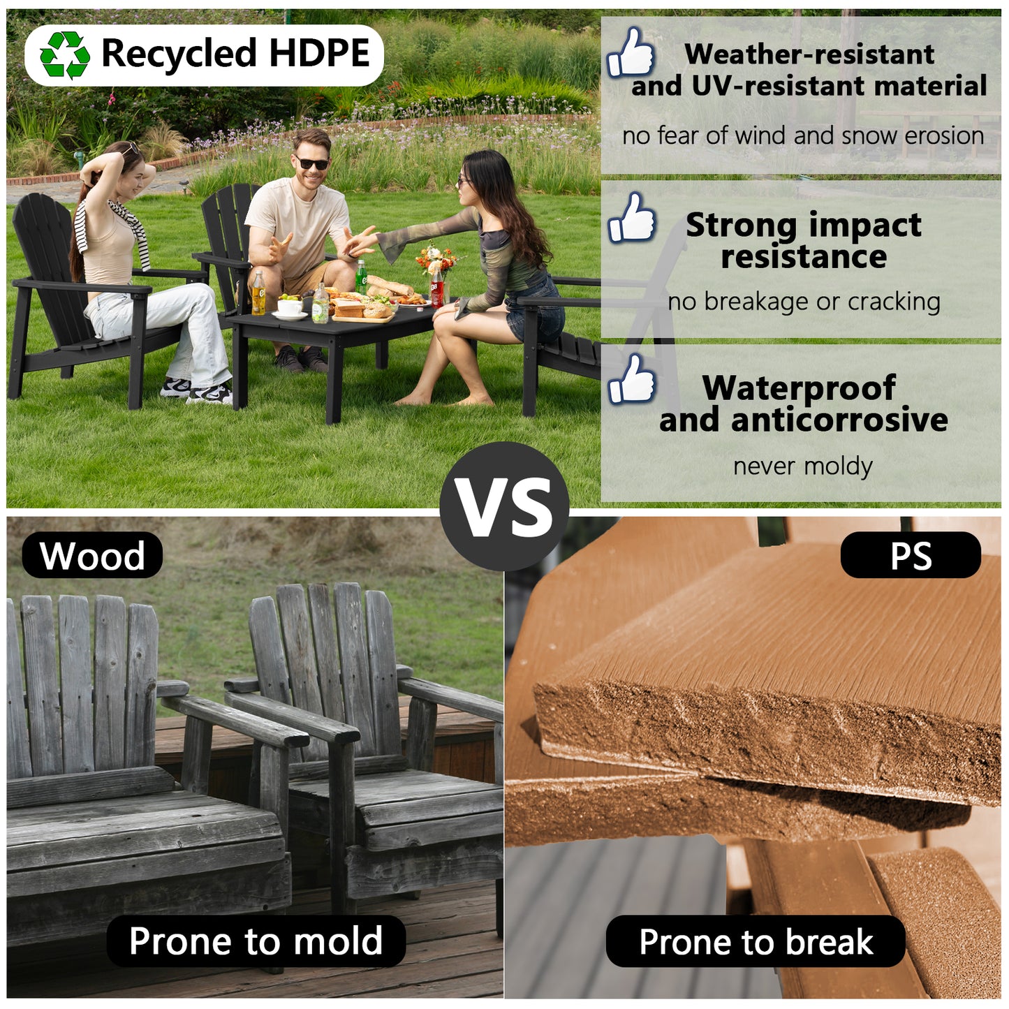 Plawdlik Stackable Adirondack Chair Set of 2 – Comfortable, Durable Outdoor Chairs for Patio, Porch, or Garden