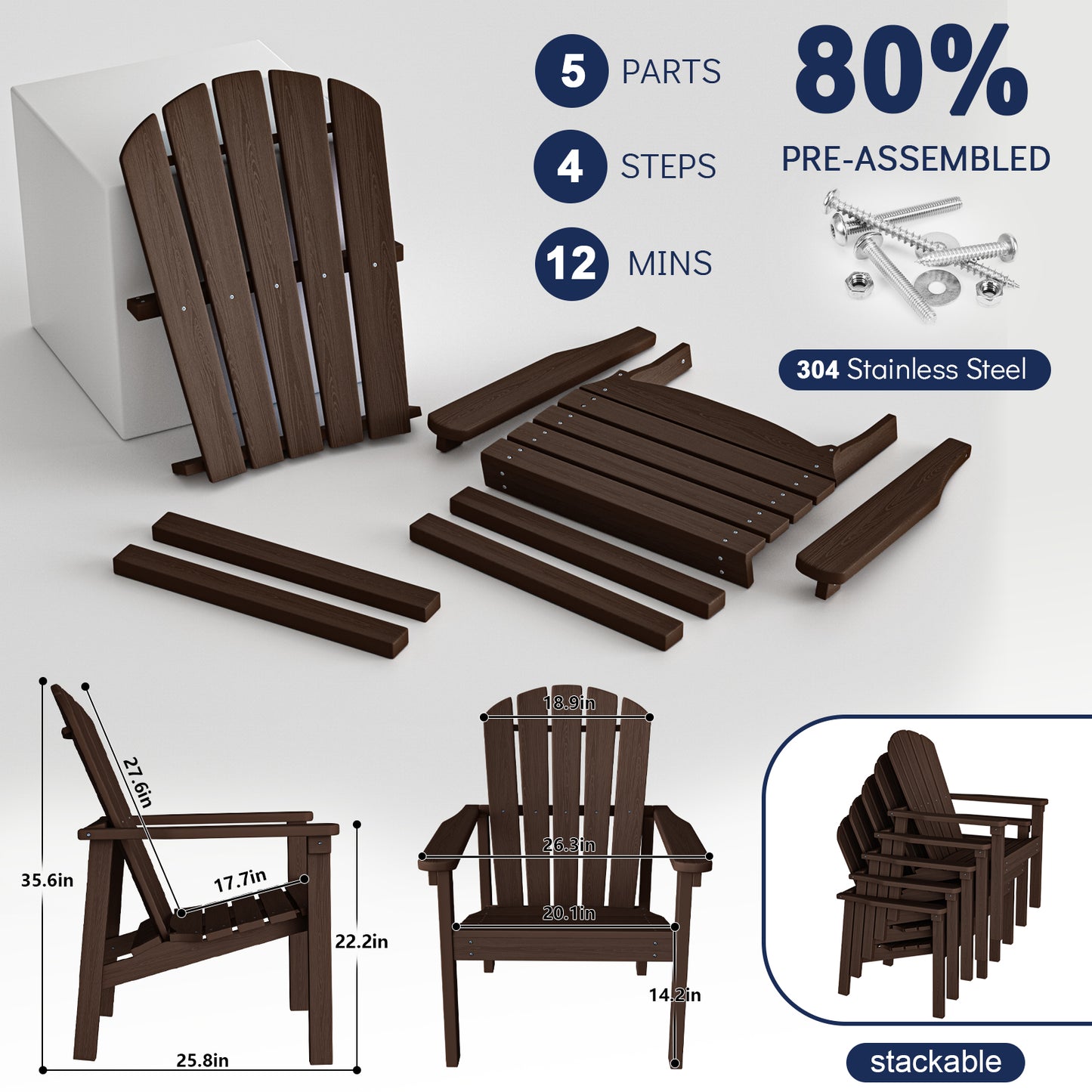 Plawdlik Stackable Adirondack Chair Set of 2 – Comfortable, Durable Outdoor Chairs for Patio, Porch, or Garden