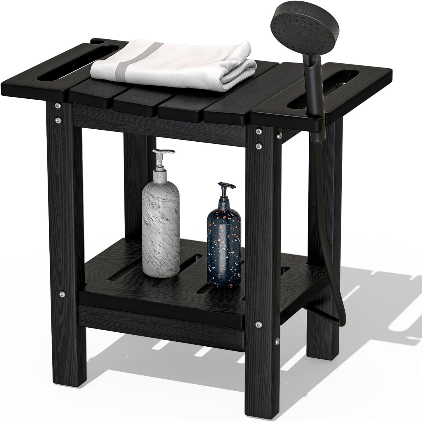 HDPE Shower Stool with 2-Tier Storage Shelf – Waterproof Bath Bench with Shower Head Slot & Handle – Durable & Senior-Friendly