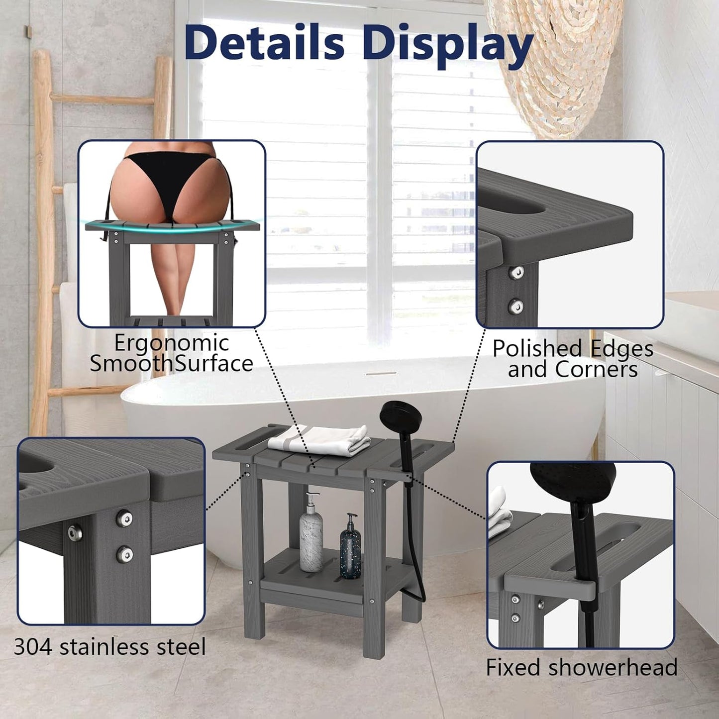 HDPE Shower Stool with 2-Tier Storage Shelf – Waterproof Bath Bench with Shower Head Slot & Handle – Durable & Senior-Friendly