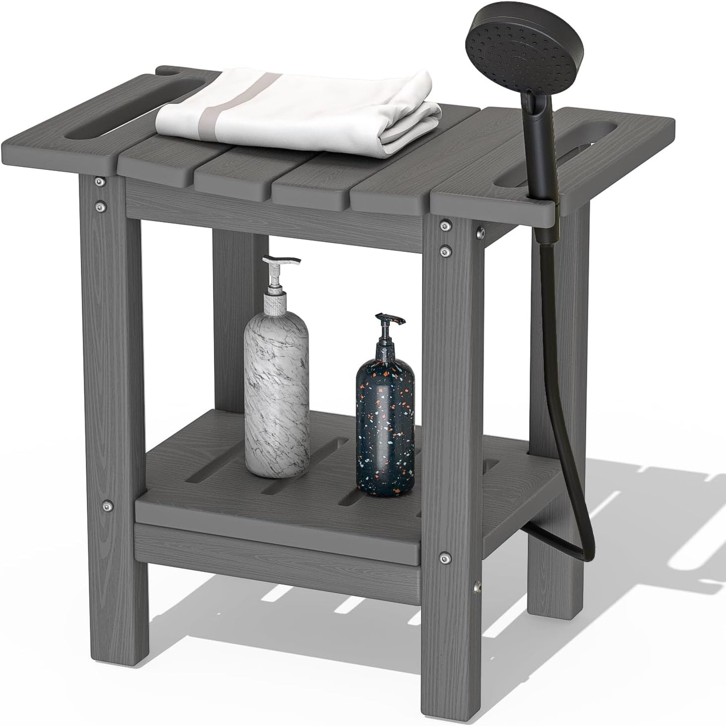 HDPE Shower Stool with 2-Tier Storage Shelf – Waterproof Bath Bench with Shower Head Slot & Handle – Durable & Senior-Friendly