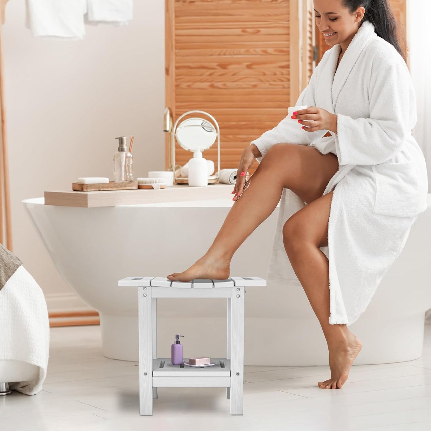 HDPE Shower Stool with 2-Tier Storage Shelf – Waterproof Bath Bench with Shower Head Slot & Handle – Durable & Senior-Friendly