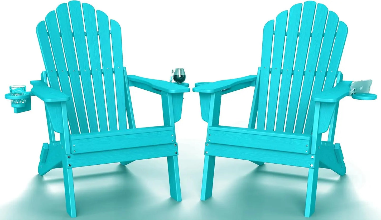 Plawdlik Folding Adirondack Chair Set of 2 with Dual Cup Holders, SGS Tested Heavy-Duty All-Weather HDPE Outdoor Patio Chairs, Widened Comfortable Seating, Wood-Grain Texture Plawdlik Furniture