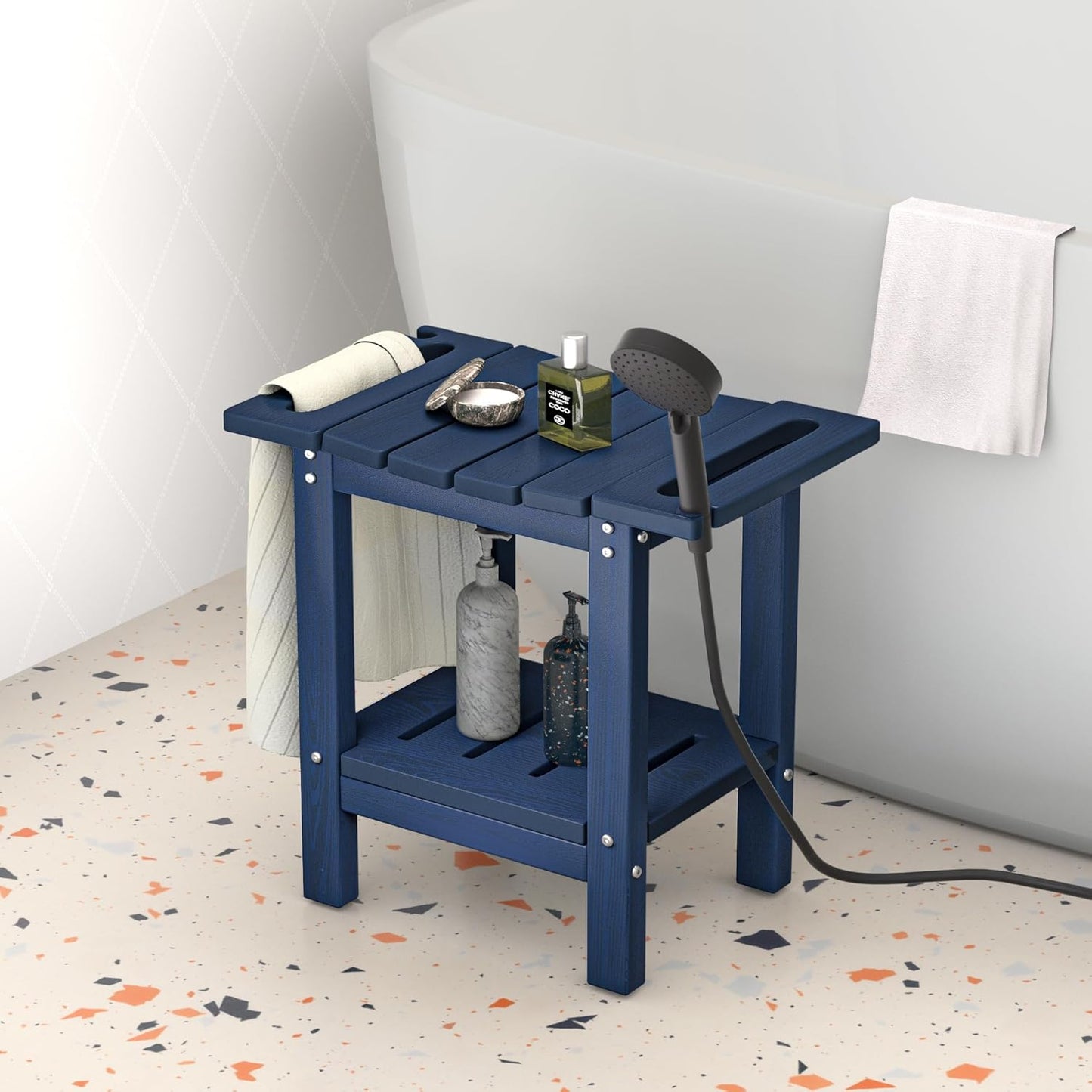 HDPE Shower Stool with 2-Tier Storage Shelf – Waterproof Bath Bench with Shower Head Slot & Handle – Durable & Senior-Friendly