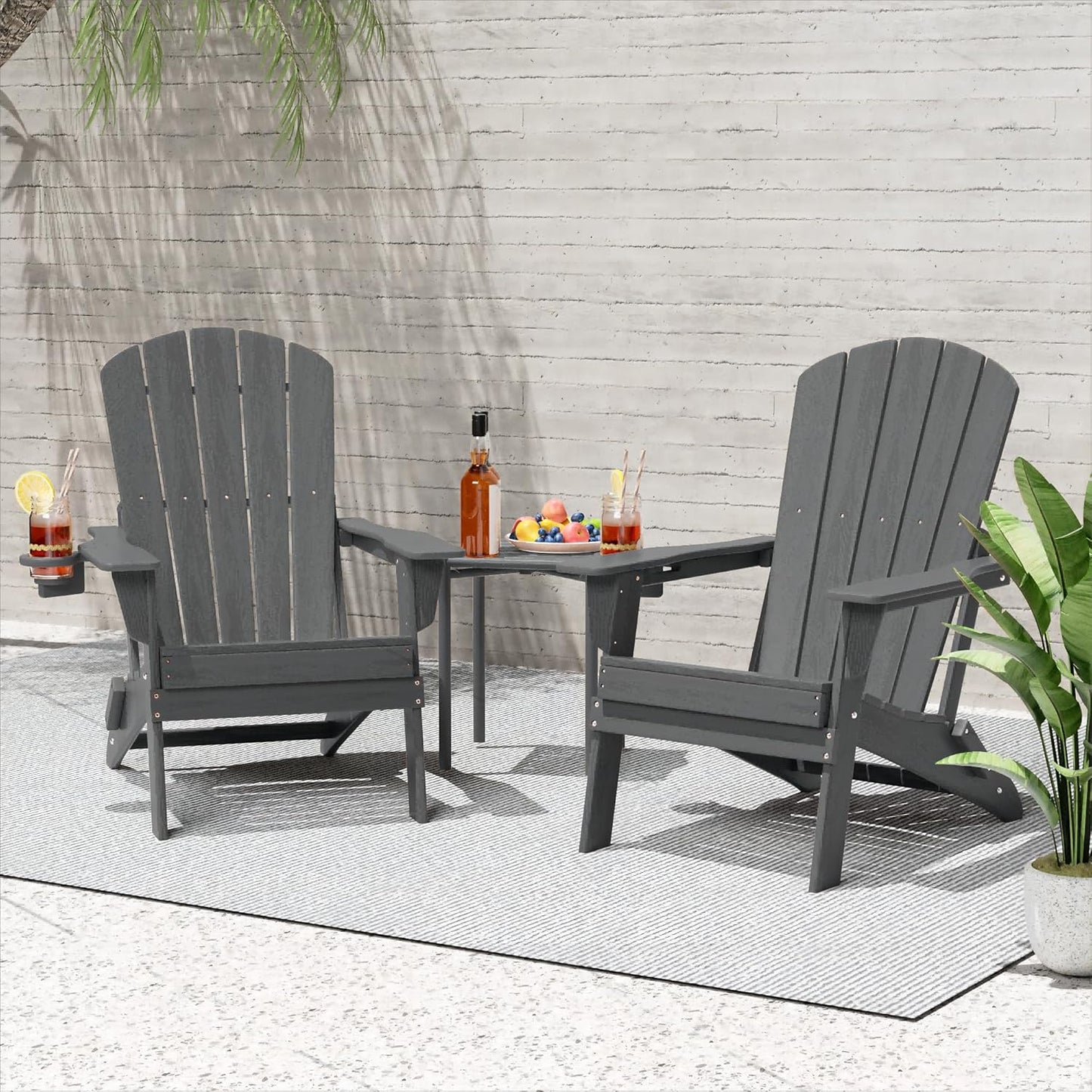 Plawdlik HDPE Folding Adirondack Chair with Cup Holder Shell Back Design Set of 2