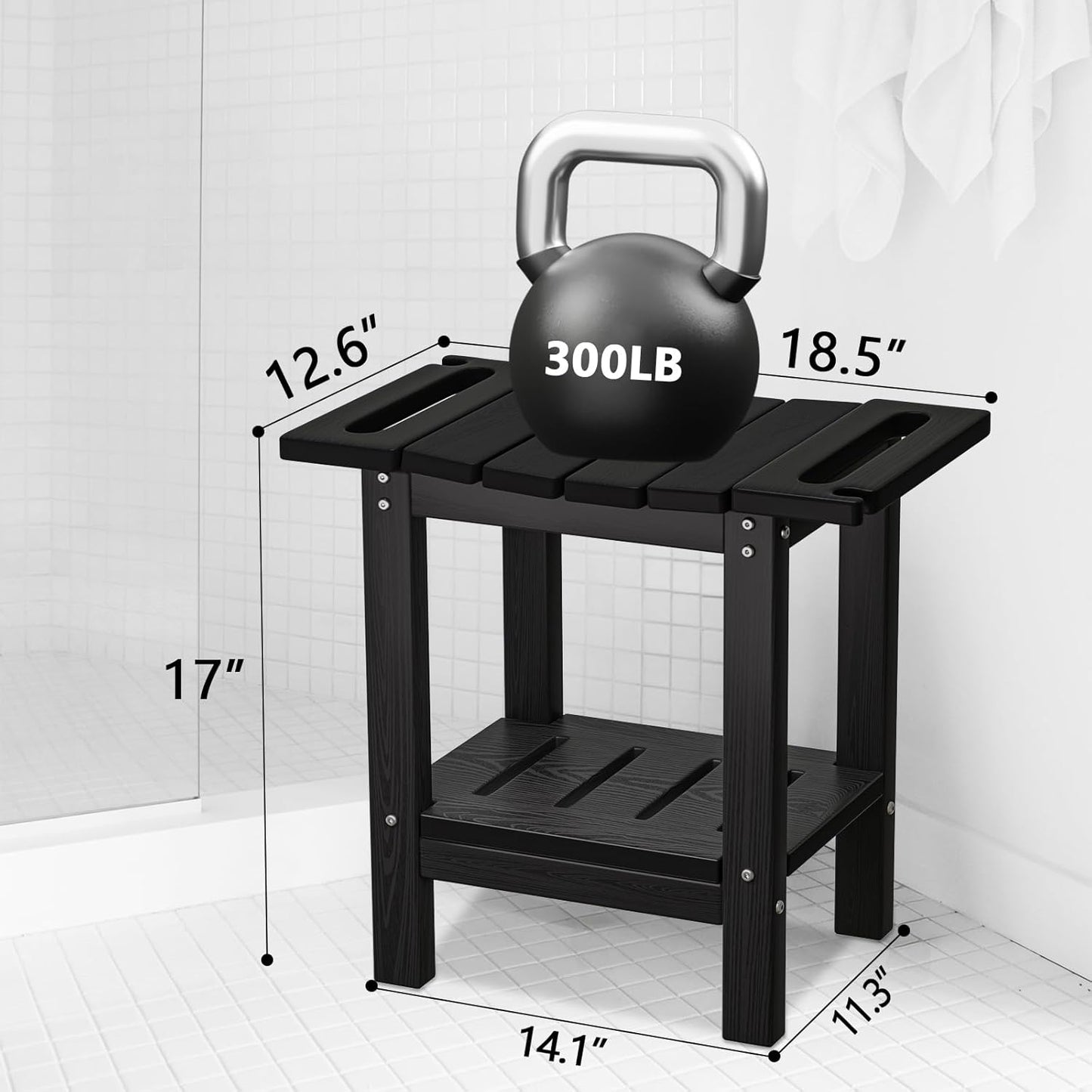 HDPE Shower Stool with 2-Tier Storage Shelf – Waterproof Bath Bench with Shower Head Slot & Handle – Durable & Senior-Friendly