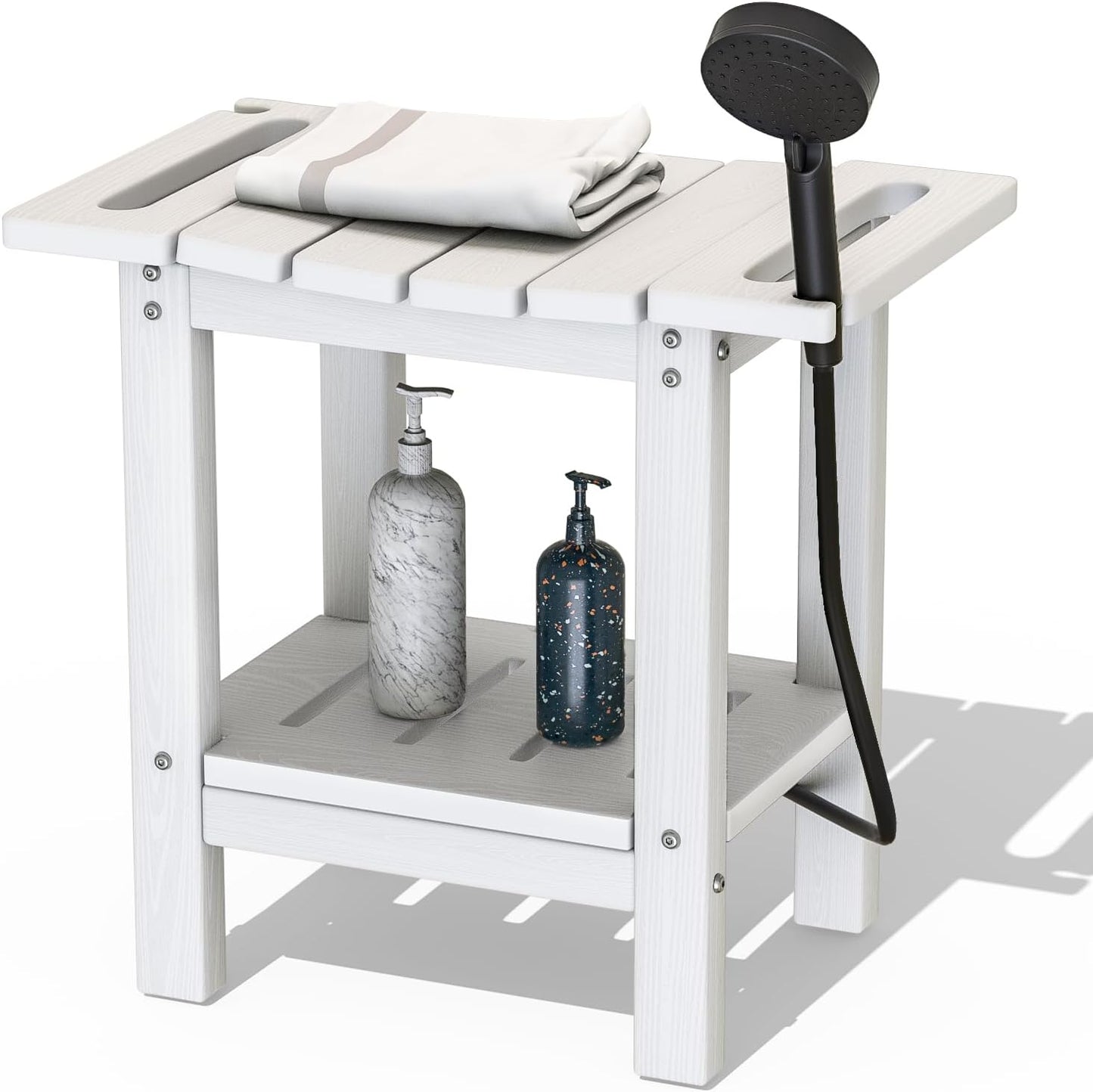 HDPE Shower Stool with 2-Tier Storage Shelf – Waterproof Bath Bench with Shower Head Slot & Handle – Durable & Senior-Friendly
