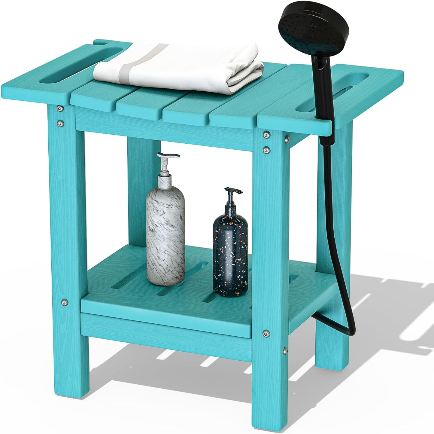 HDPE Shower Stool with 2-Tier Storage Shelf – Waterproof Bath Bench with Shower Head Slot & Handle – Durable & Senior-Friendly