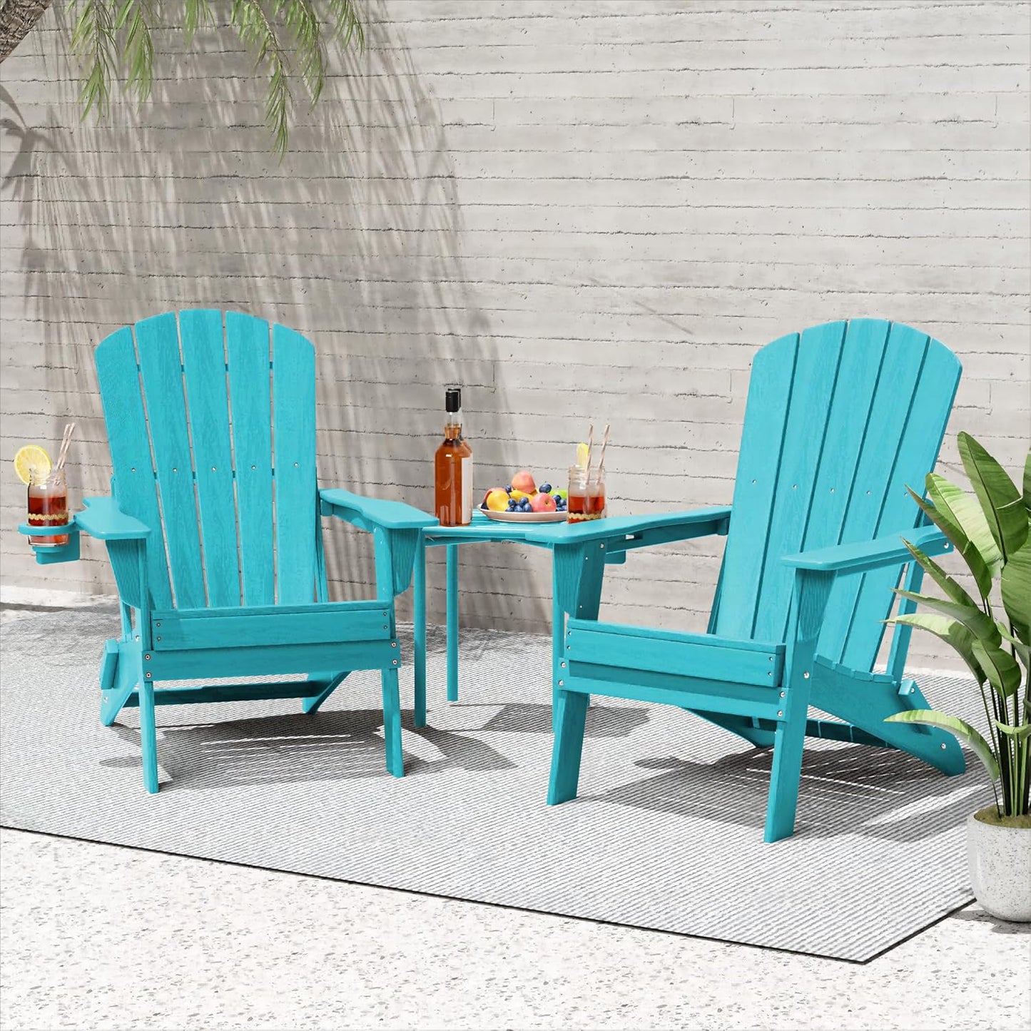 Plawdlik HDPE Folding Adirondack Chair with Cup Holder Shell Back Design Set of 2