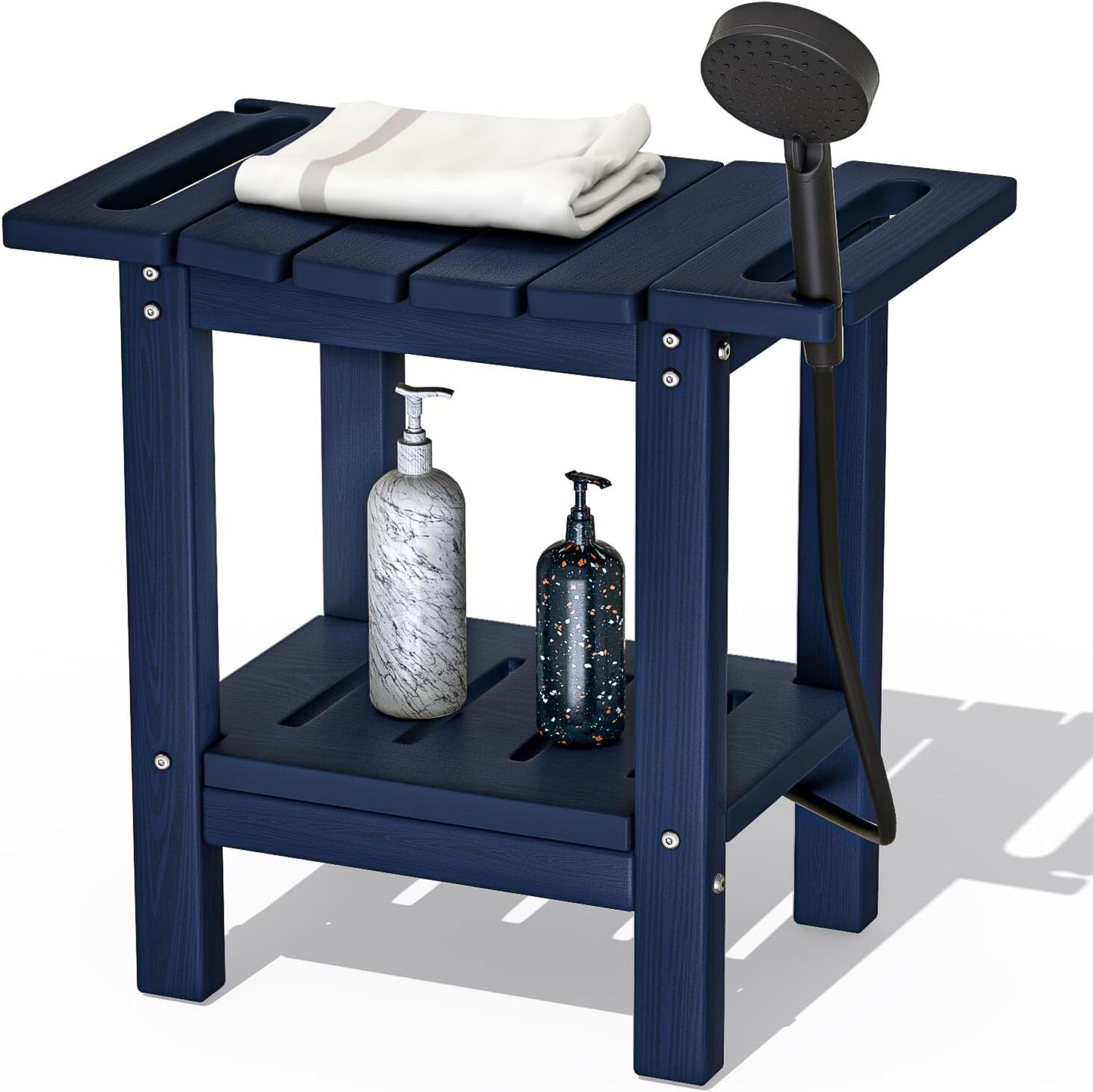 HDPE Shower Stool with 2-Tier Storage Shelf – Waterproof Bath Bench with Shower Head Slot & Handle – Durable & Senior-Friendly