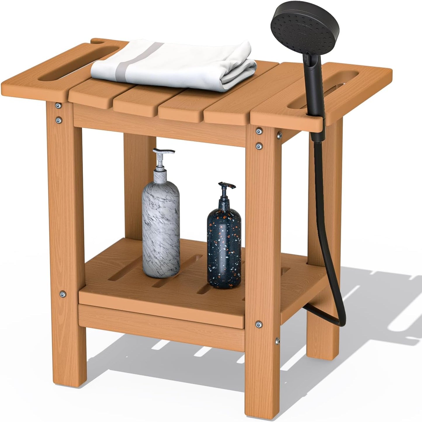 HDPE Shower Stool with 2-Tier Storage Shelf – Waterproof Bath Bench with Shower Head Slot & Handle – Durable & Senior-Friendly