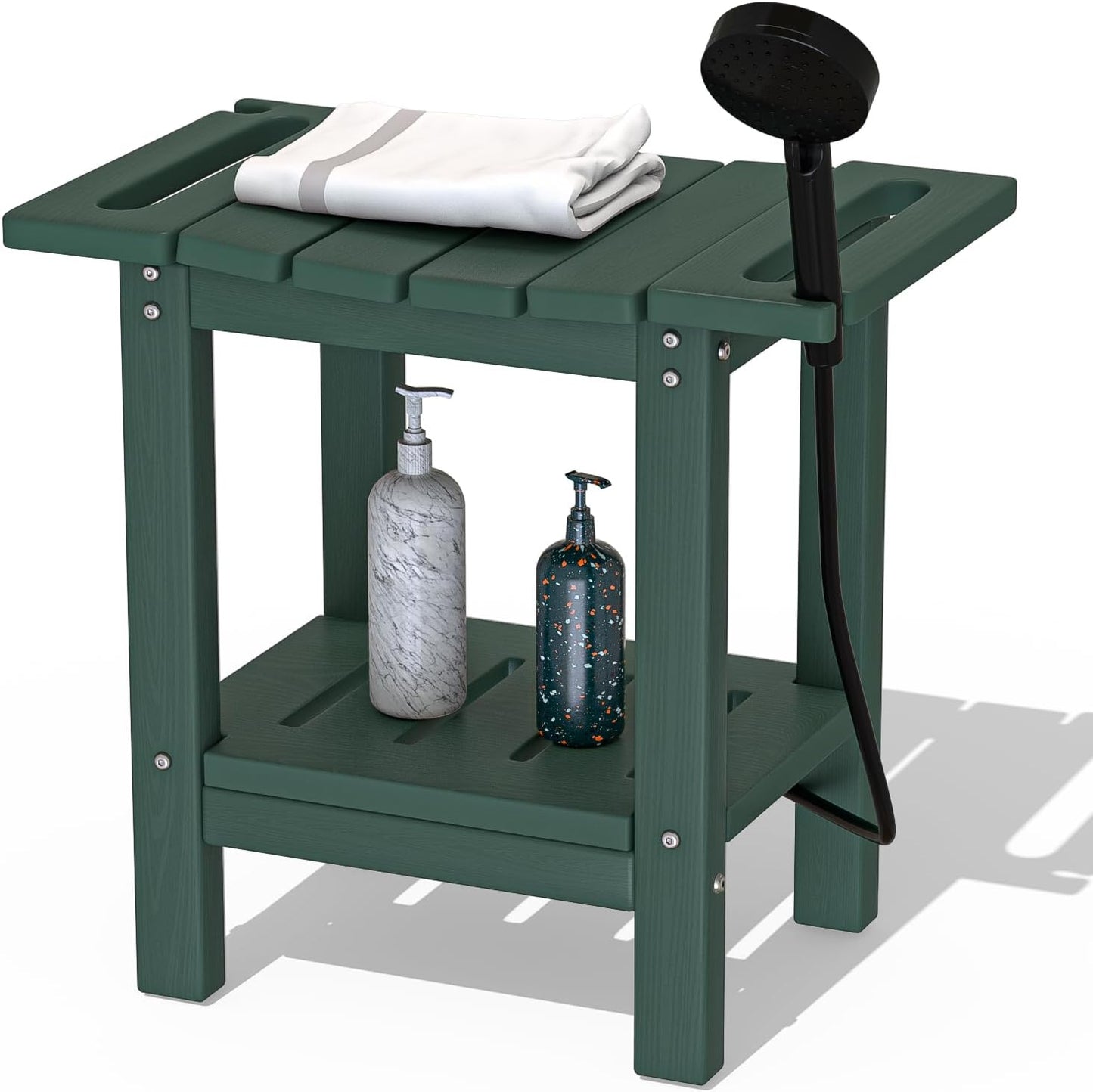 HDPE Shower Stool with 2-Tier Storage Shelf – Waterproof Bath Bench with Shower Head Slot & Handle – Durable & Senior-Friendly