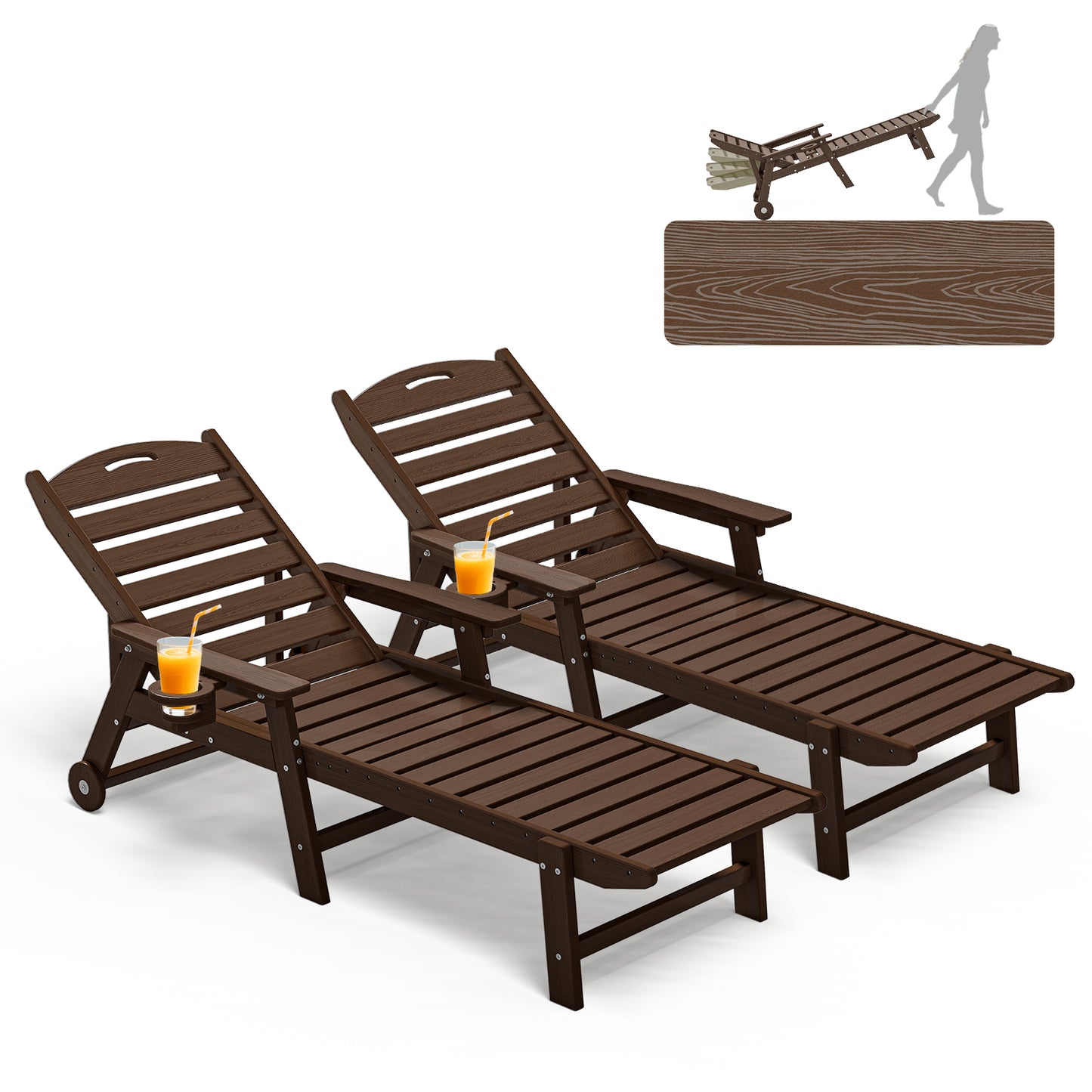 Set of 2 Oversized Adirondack Lounge Chair with Wheels & Cup Holder – 5-Position Recliner