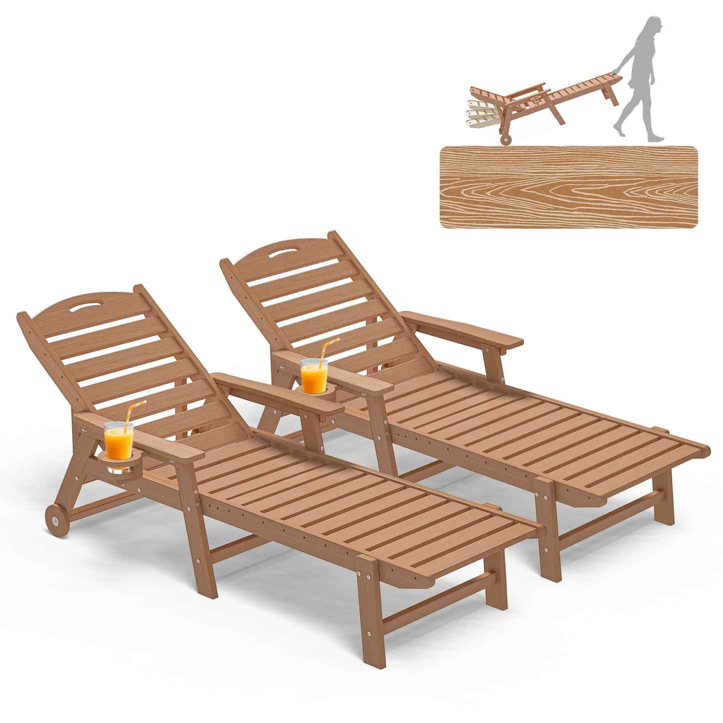 Set of 2 Oversized Adirondack Lounge Chair with Wheels & Cup Holder – 5-Position Recliner