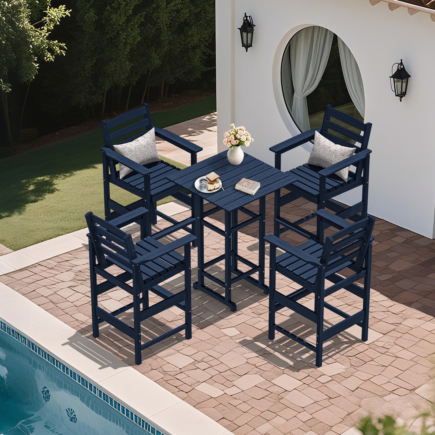 5-Piece HDPE Outdoor Bar Set – All-Weather Square Pub Table with 4 Tall Chairs, Heavy-Duty Patio Dining Set for Garden, Deck, or Poolside
