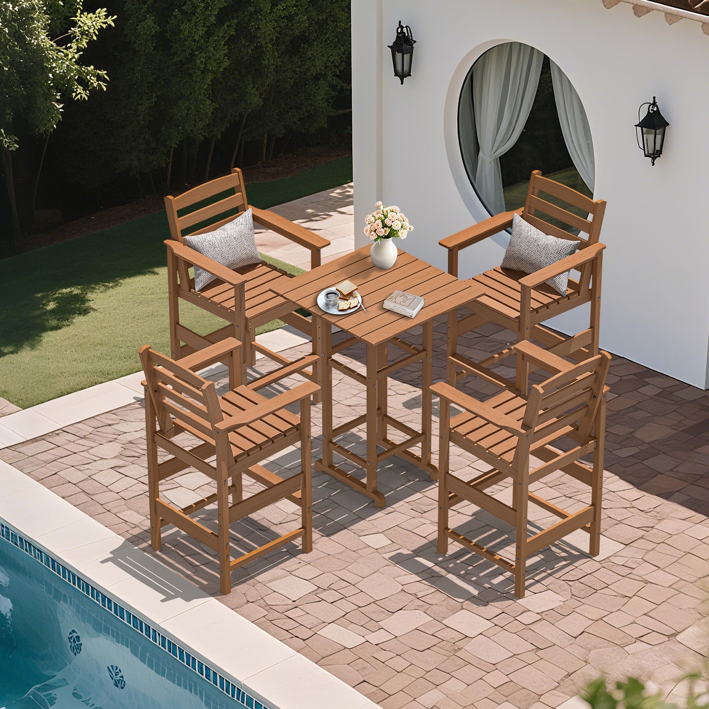 5-Piece HDPE Outdoor Bar Set – All-Weather Square Pub Table with 4 Tall Chairs, Heavy-Duty Patio Dining Set for Garden, Deck, or Poolside