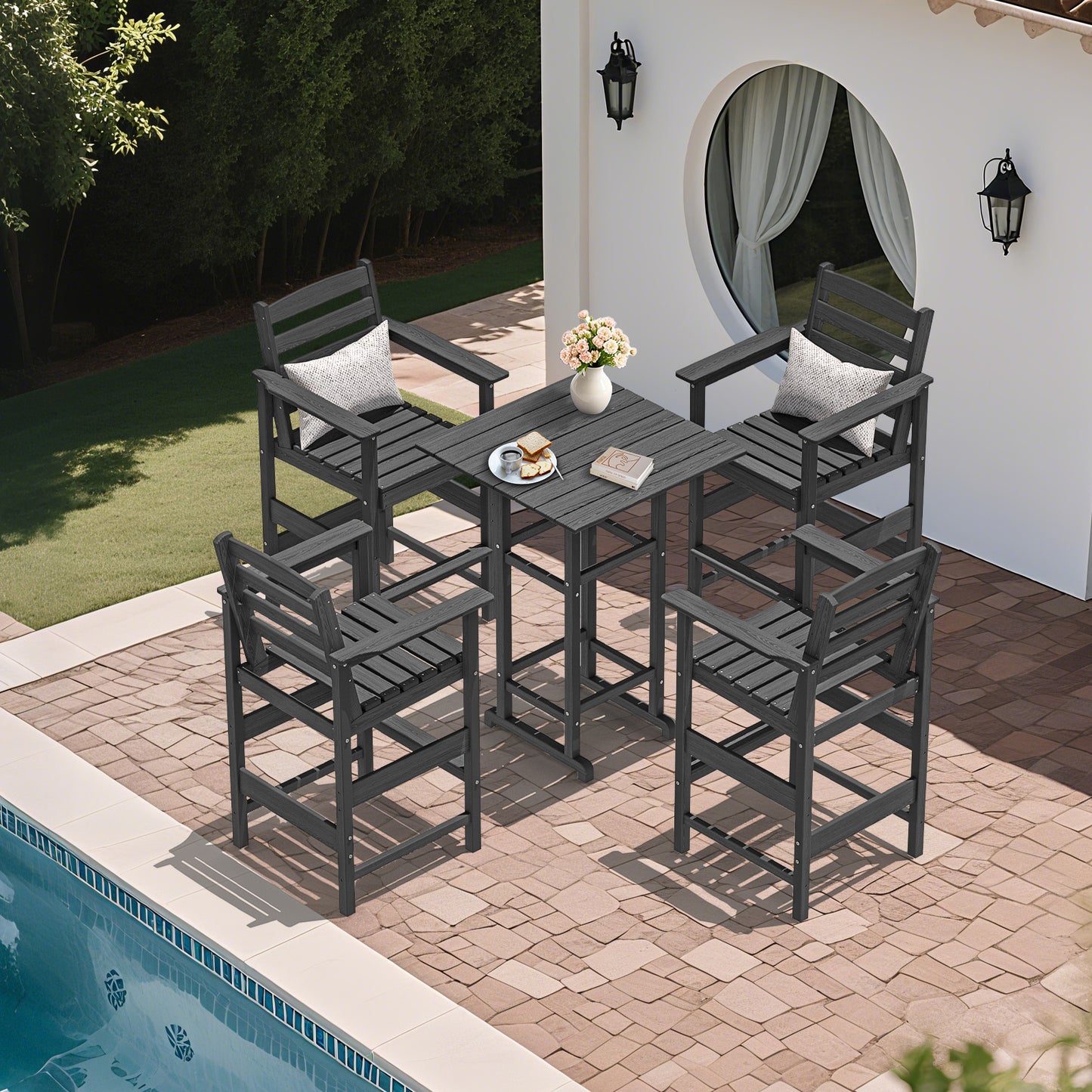 5-Piece HDPE Outdoor Bar Set – All-Weather Square Pub Table with 4 Tall Chairs, Heavy-Duty Patio Dining Set for Garden, Deck, or Poolside