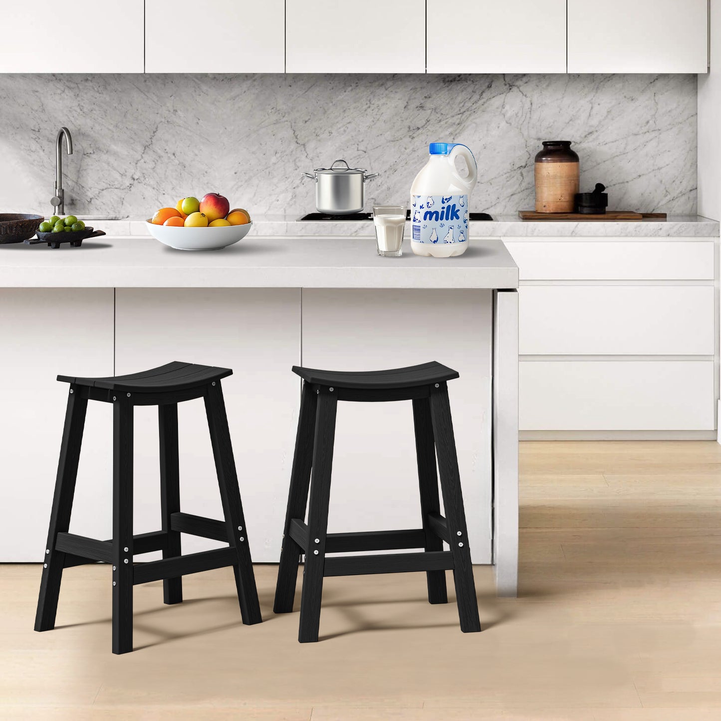 Plawdlik Wood-Look HDPE Bar Stool – All Weather Outdoor Patio Stool with Footrest, Easy Assembly