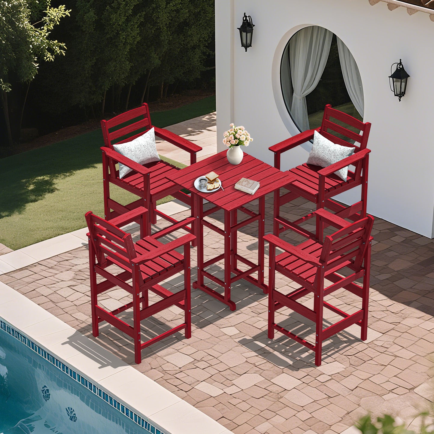 5-Piece HDPE Outdoor Bar Set – All-Weather Square Pub Table with 4 Tall Chairs, Heavy-Duty Patio Dining Set for Garden, Deck, or Poolside