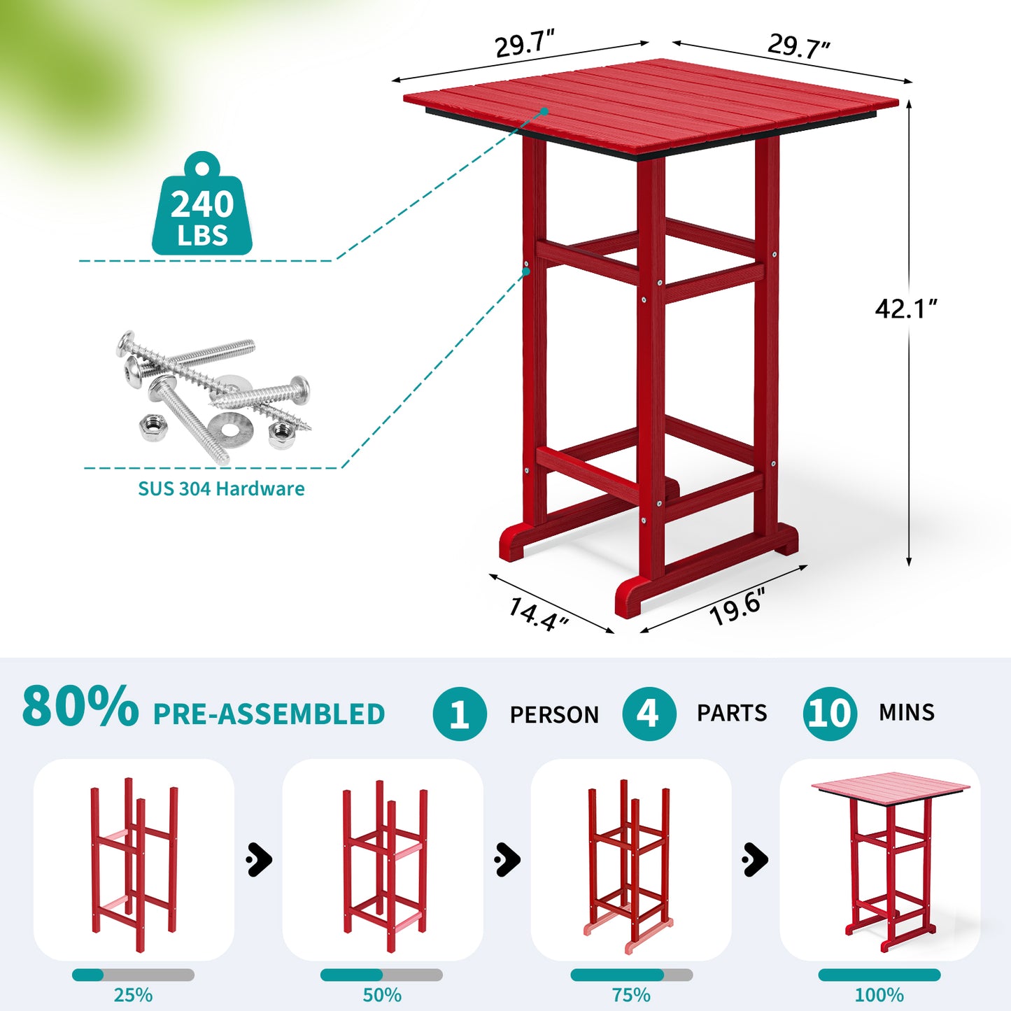 3-Piece HDPE Bar Set – All-Weather Patio Bistro Table & 2 Tall Bar Chairs, Fade-Resistant Outdoor Furniture for Balcony, Deck, or Poolside