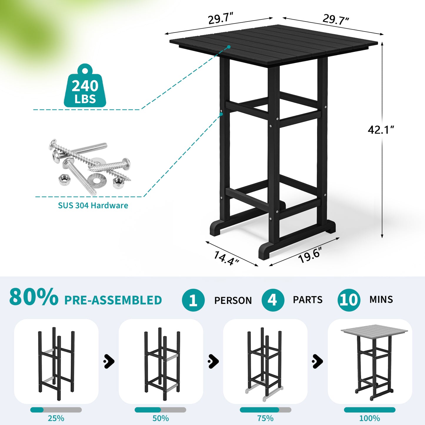 5-Piece HDPE Outdoor Bar Set – All-Weather Square Pub Table with 4 Tall Chairs, Heavy-Duty Patio Dining Set for Garden, Deck, or Poolside