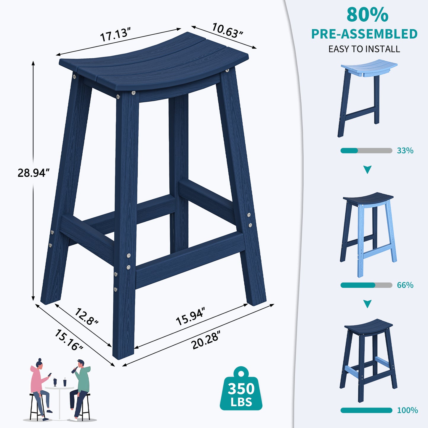 Plawdlik Wood-Look HDPE Bar Stool – All Weather Outdoor Patio Stool with Footrest, Easy Assembly