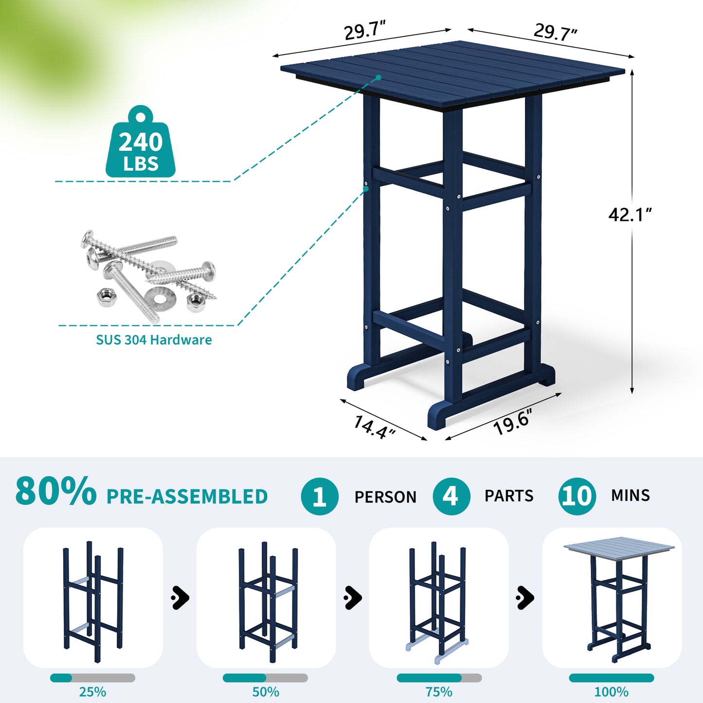 Plawdlik 42 Inch Outdoor Bar Table - All Weather HDPE Square Patio Pub Table with Footrest - Indoor and Outdoor Use