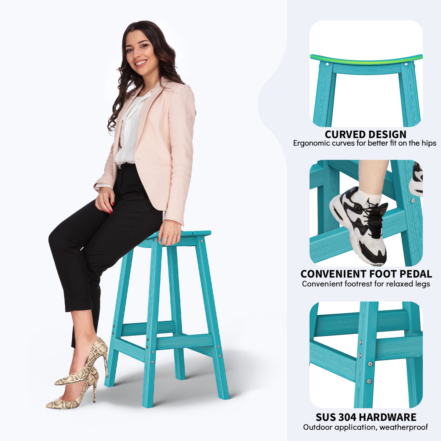 Plawdlik Wood-Look HDPE Bar Stool – All Weather Outdoor Patio Stool with Footrest, Easy Assembly