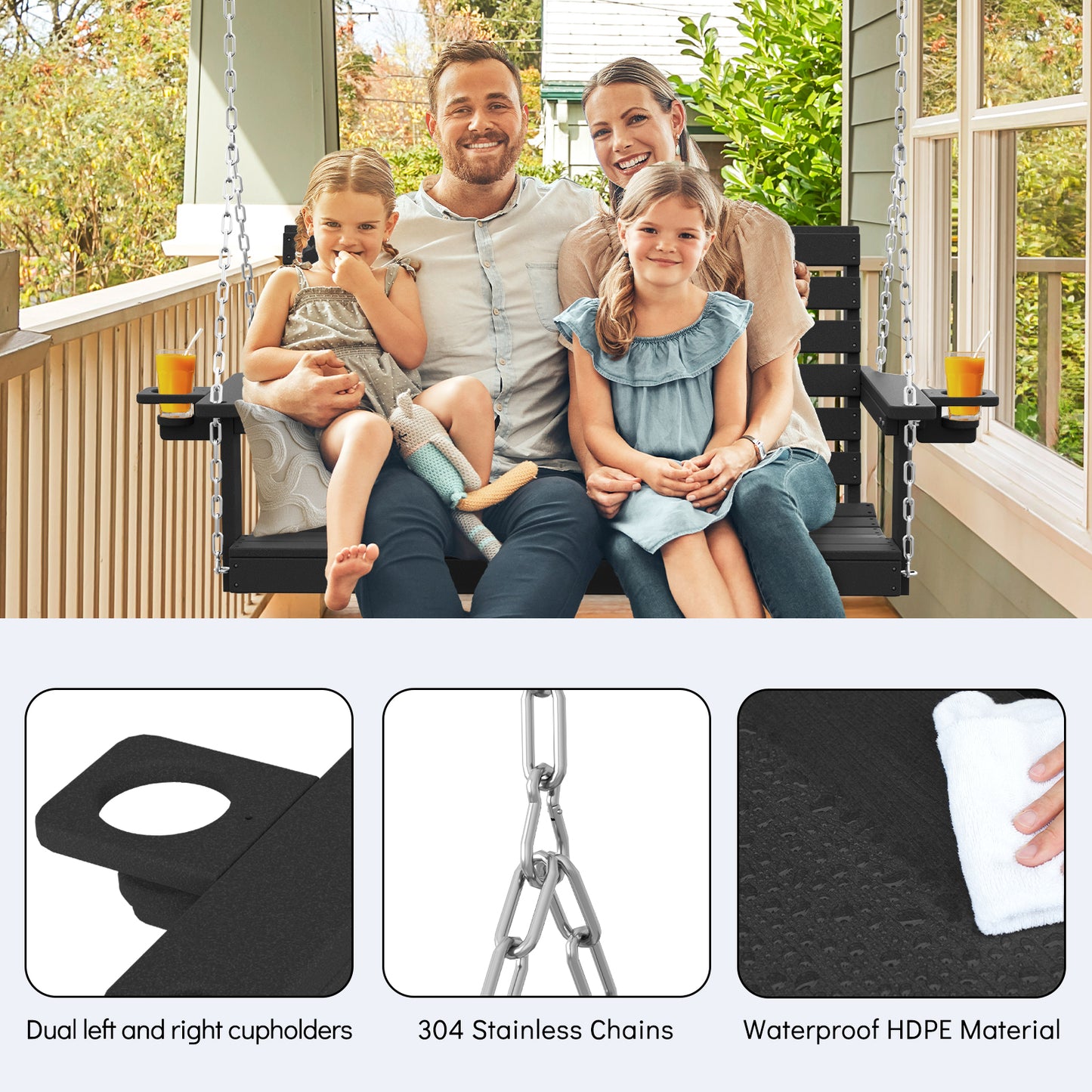 All-Weather HDPE Porch Swing – Durable Outdoor Hanging Bench with Stainless Steel Chains