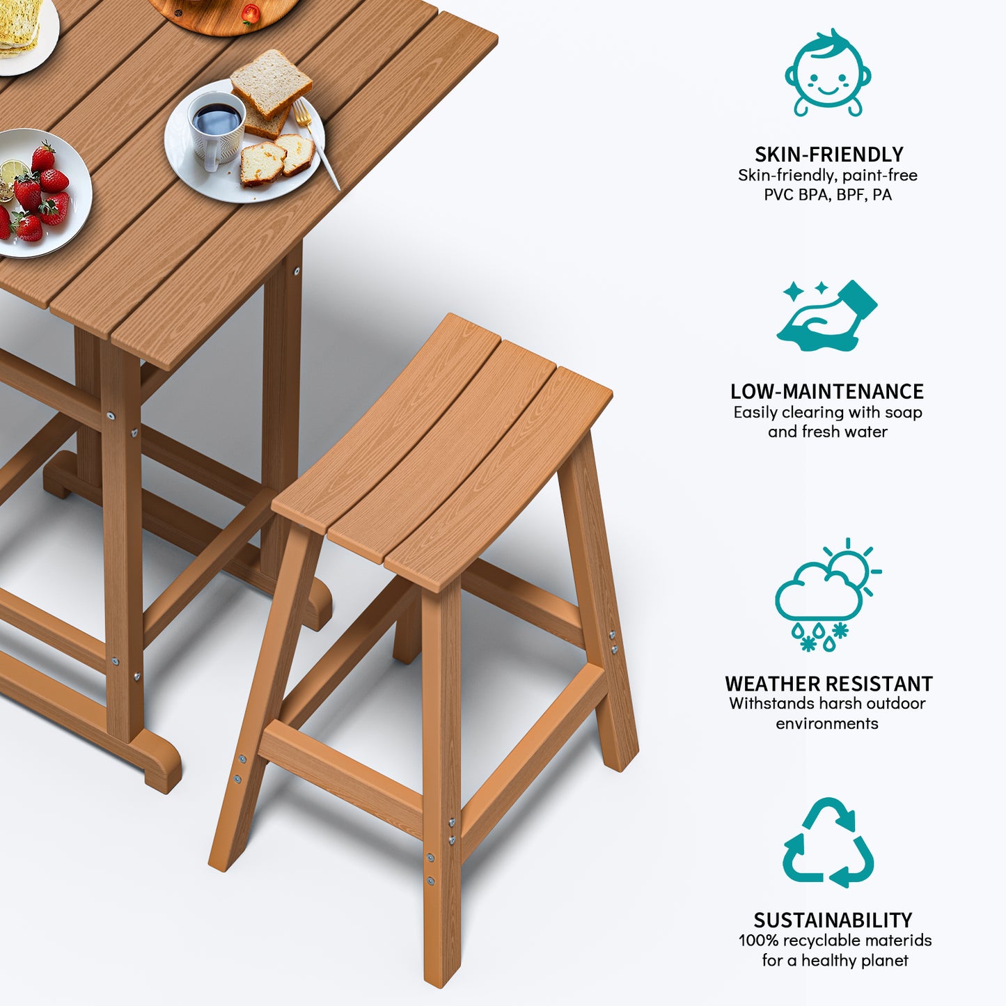 Plawdlik Wood-Look HDPE Bar Stool – All Weather Outdoor Patio Stool with Footrest, Easy Assembly