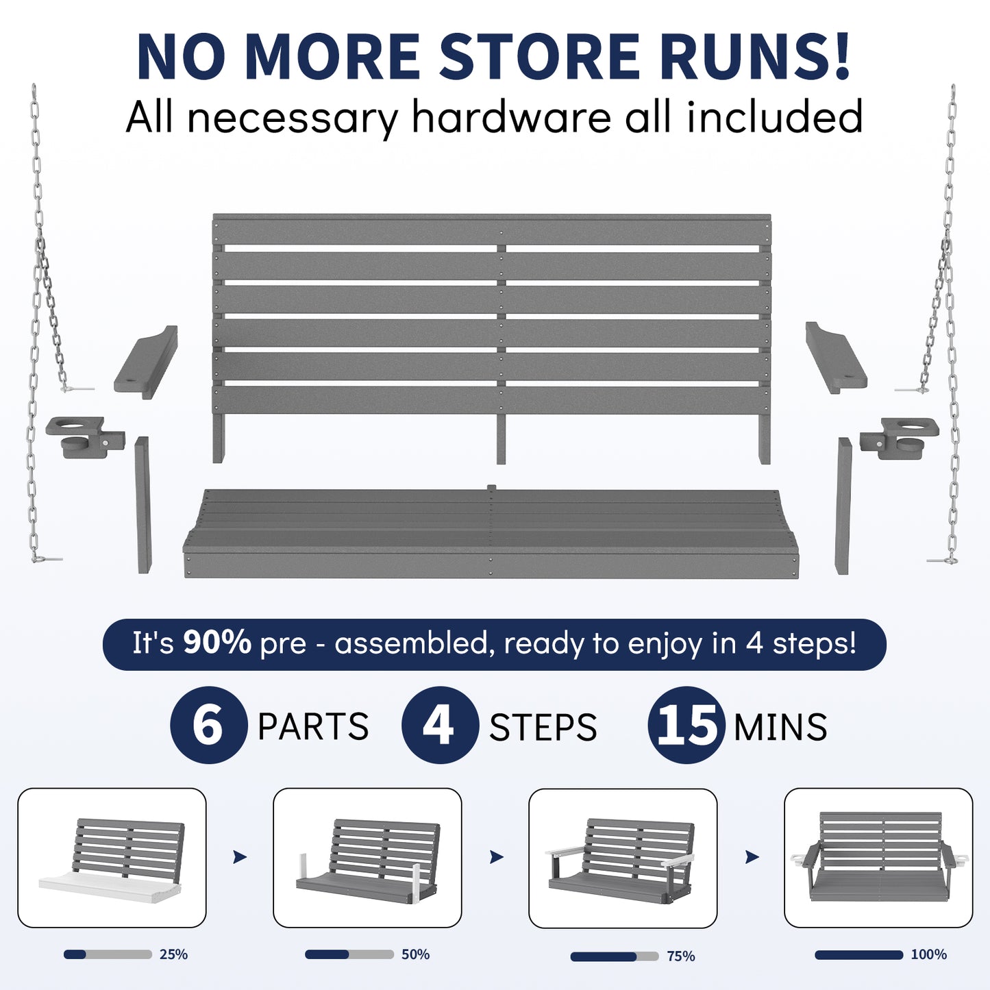 All-Weather HDPE Porch Swing – Durable Outdoor Hanging Bench with Stainless Steel Chains