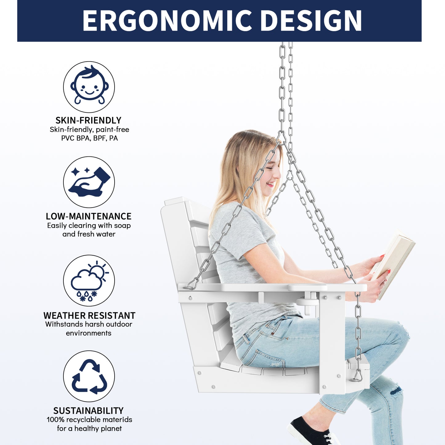 All-Weather HDPE Porch Swing – Durable Outdoor Hanging Bench with Stainless Steel Chains