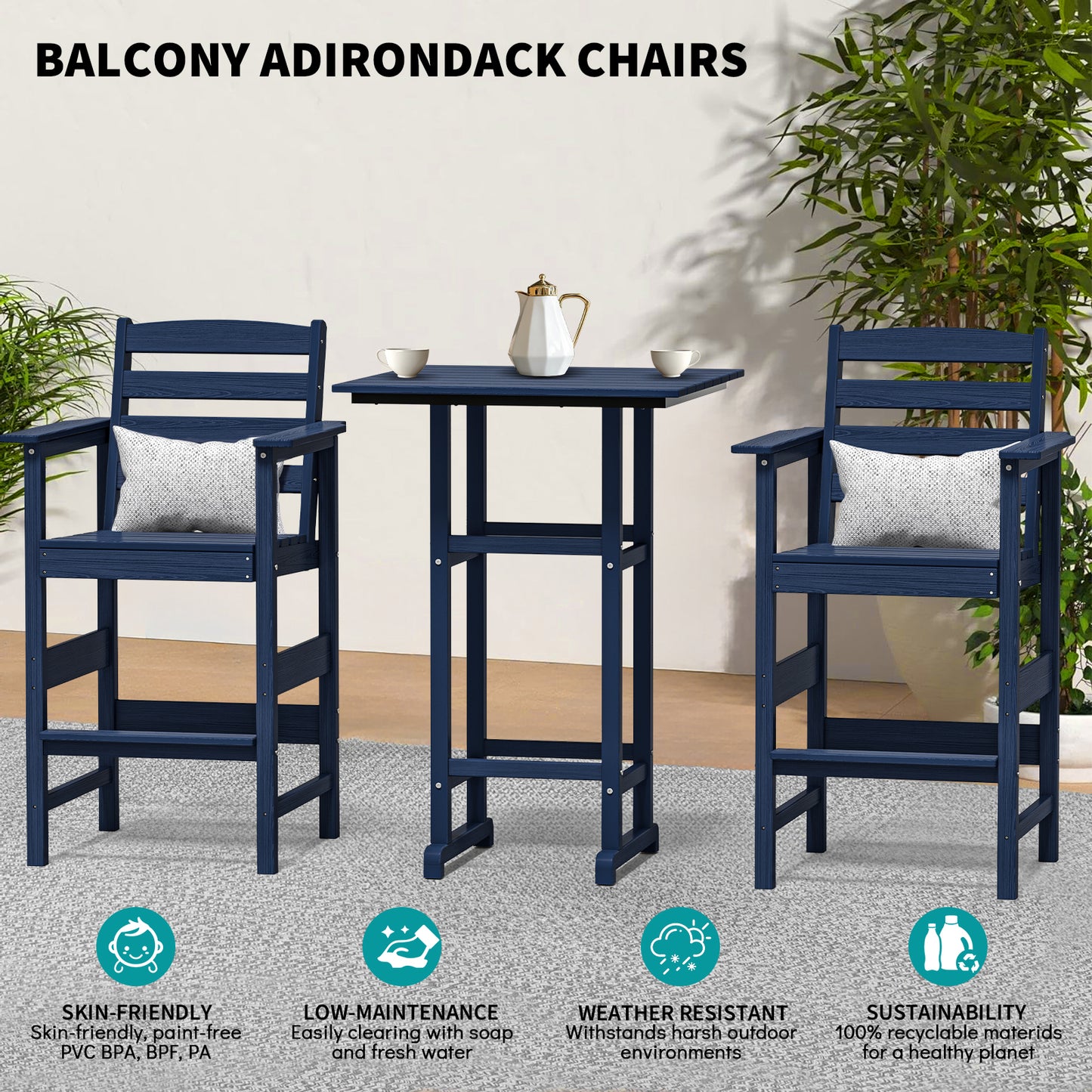 3-Piece HDPE Bar Set – All-Weather Patio Bistro Table & 2 Tall Bar Chairs, Fade-Resistant Outdoor Furniture for Balcony, Deck, or Poolside