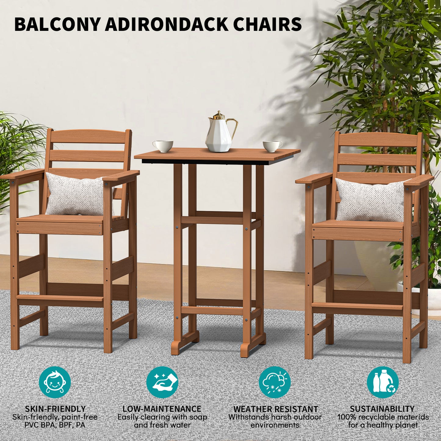 Plawdlik Set of 2 Tall Adirondack Bar Chairs - All Weather HDPE Patio Seating with Footrest