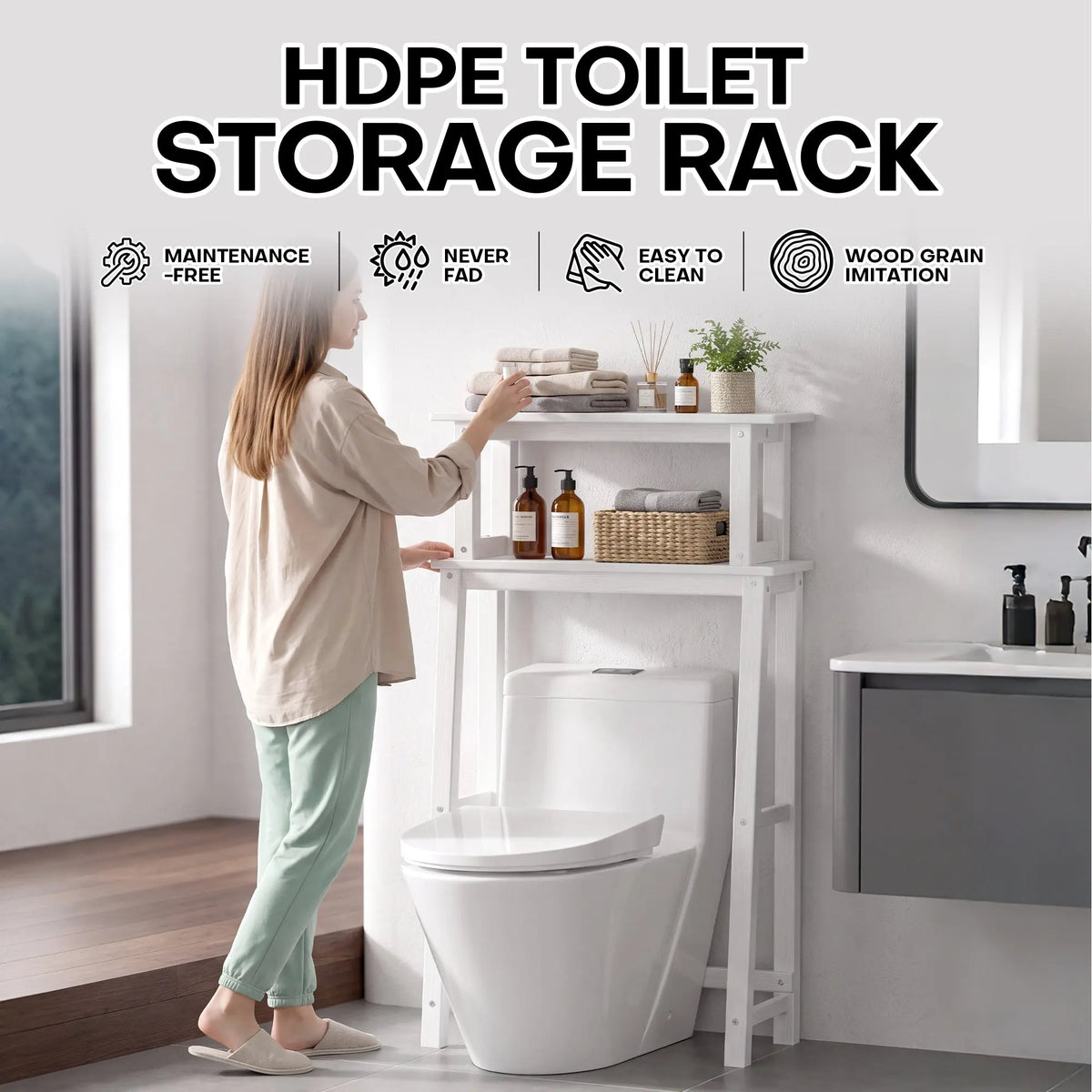 Plawdlik 2-Tier Over The Toilet Storage Shelf, HDPE Bathroom Organizer Rack, White
