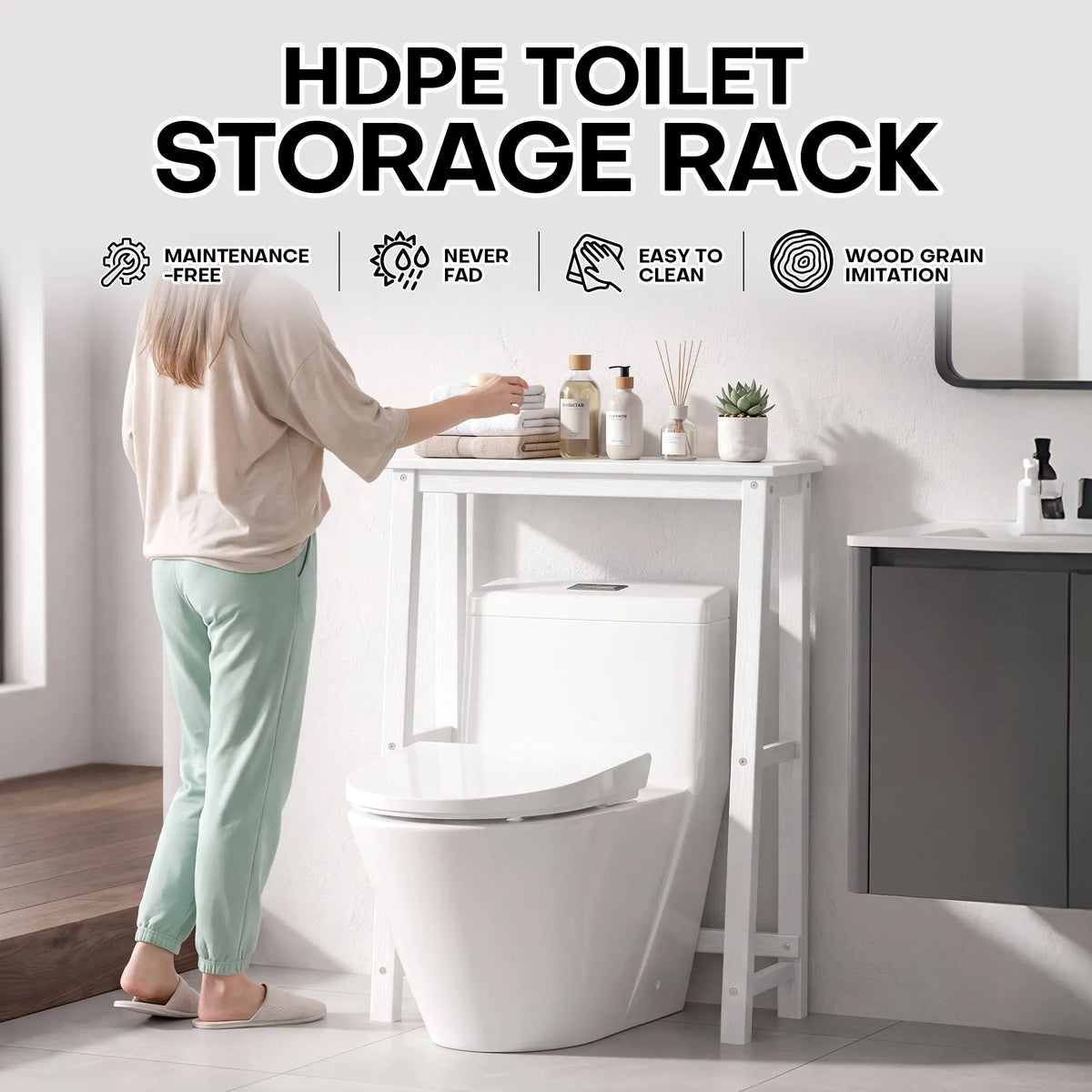 Plawdlik 1-Tier Over The Toilet Storage Shelf, HDPE Bathroom Organizer Rack, White