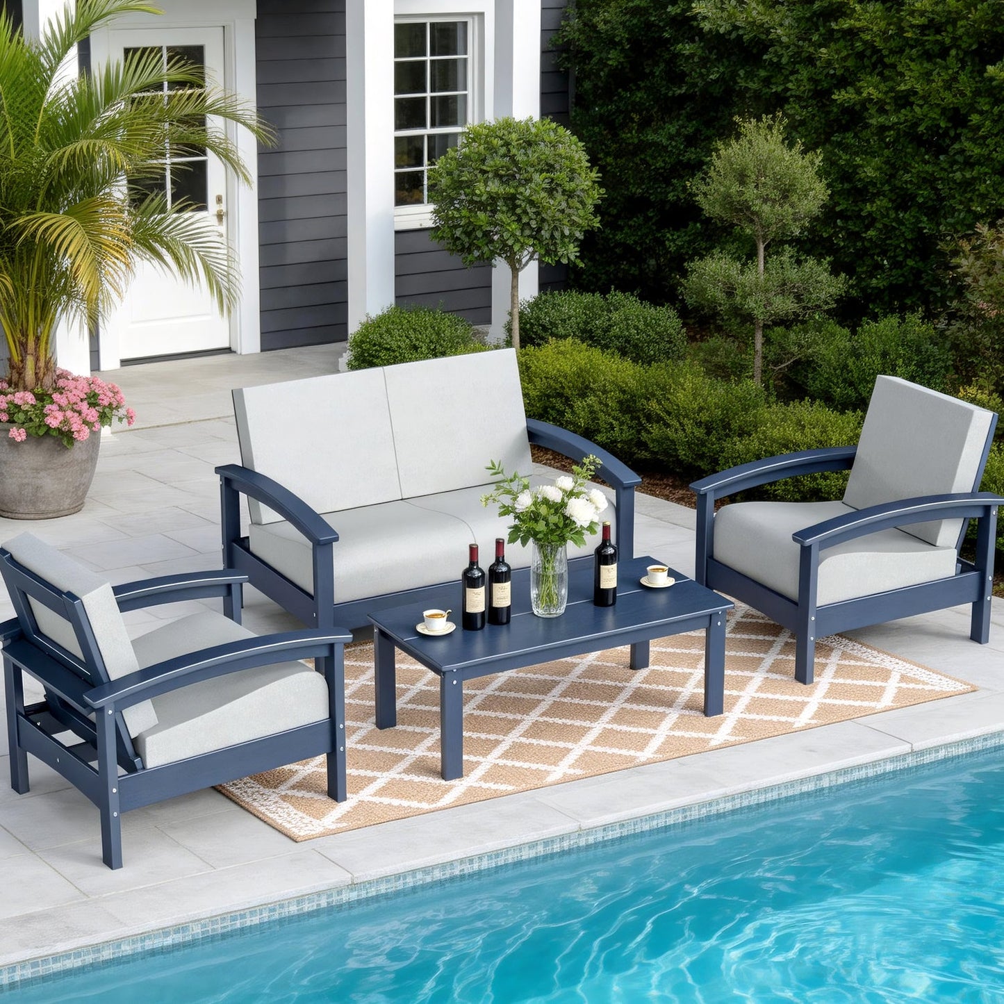 Hdpe All-weather 4-person Sofa Set & Coffee Table – Complete Outdoor Patio Conversation Set Plawdlik Furniture