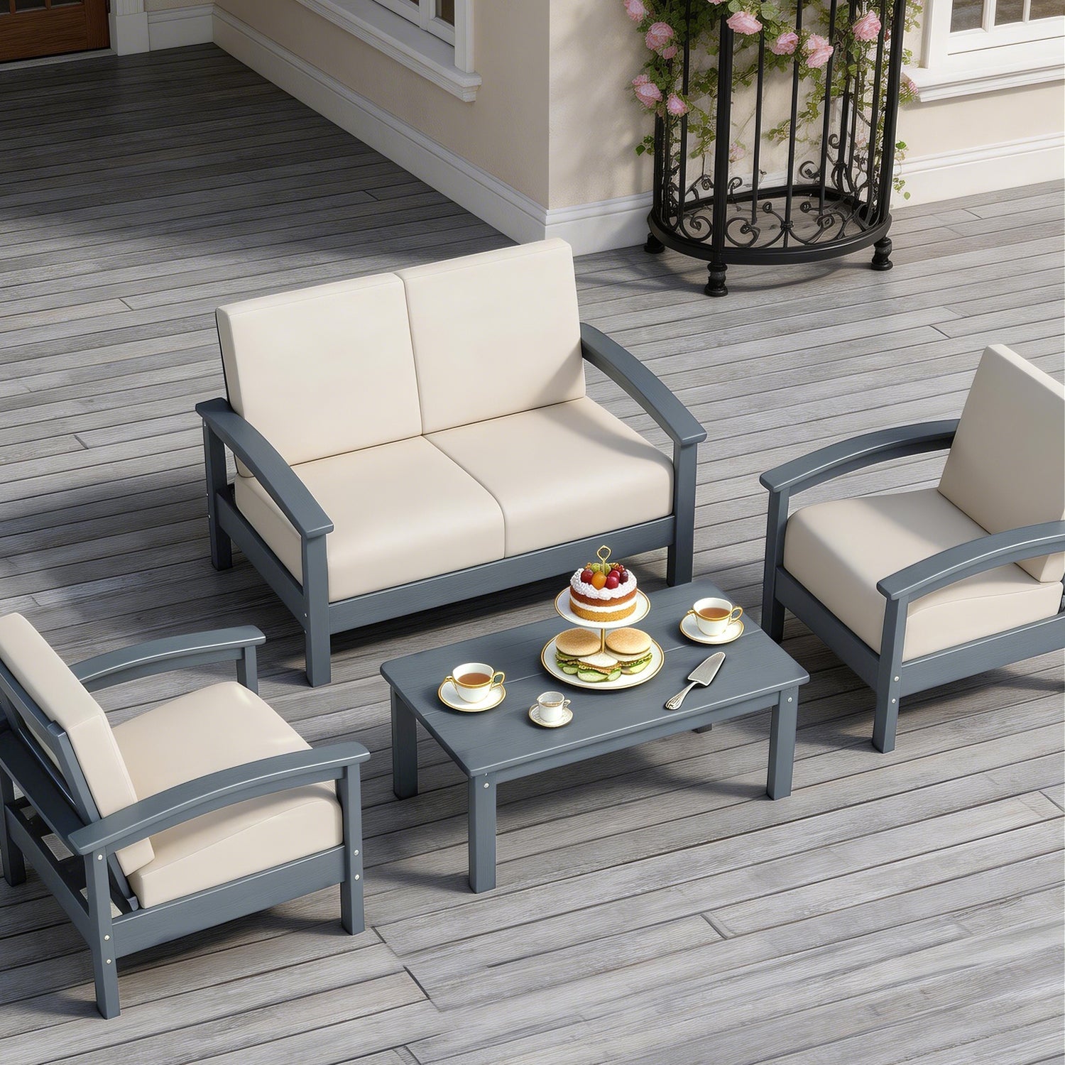 Hdpe All-weather 4-person Sofa Set & Coffee Table – Complete Outdoor Patio Conversation Set Plawdlik Furniture