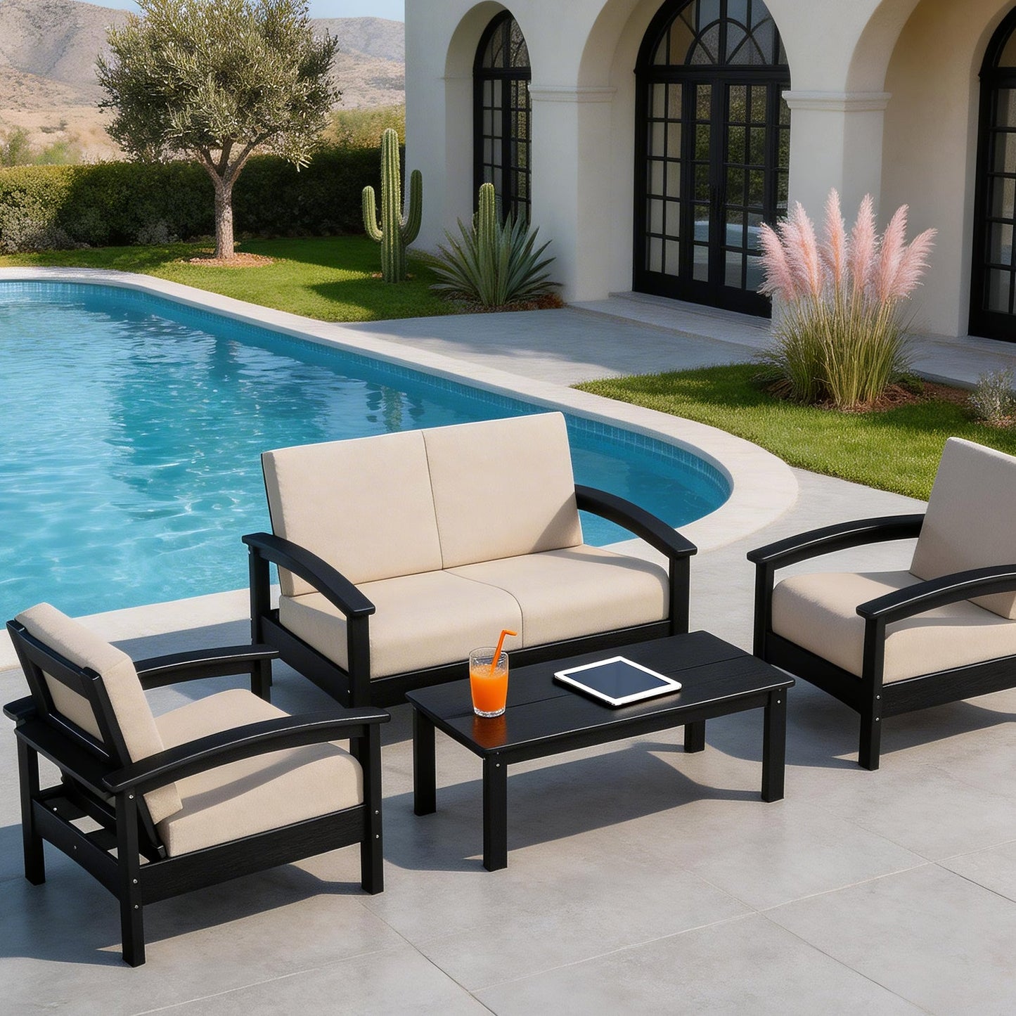 Hdpe All-weather 4-person Sofa Set & Coffee Table – Complete Outdoor Patio Conversation Set Plawdlik Furniture