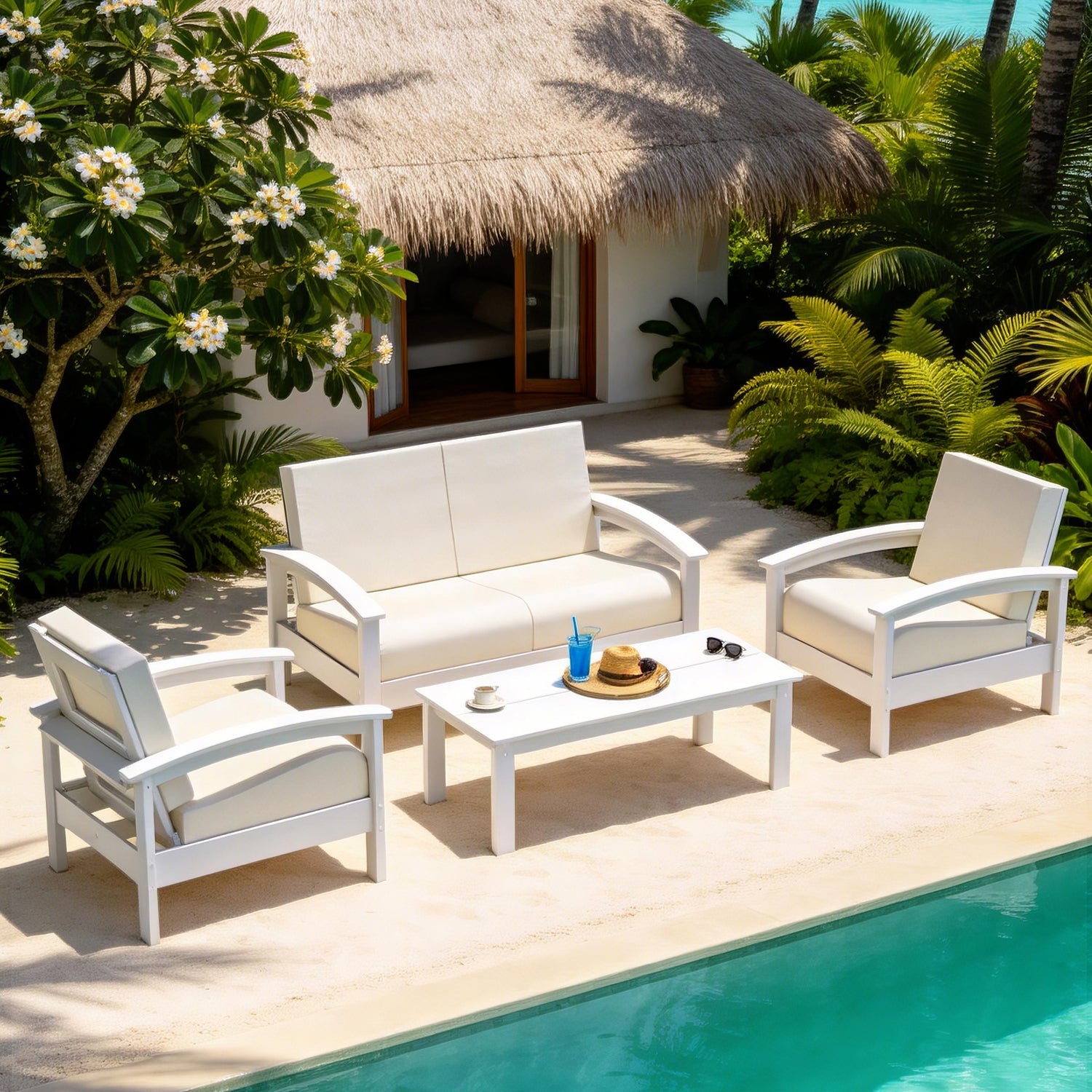 Hdpe All-weather 4-person Sofa Set & Coffee Table – Complete Outdoor Patio Conversation Set Plawdlik Furniture