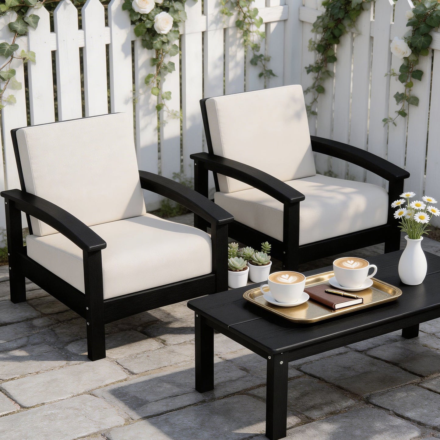 Hdpe All-weather Two Single Sofas & Coffee Table Set – Compact Outdoor Patio Conversation Set Plawdlik Furniture
