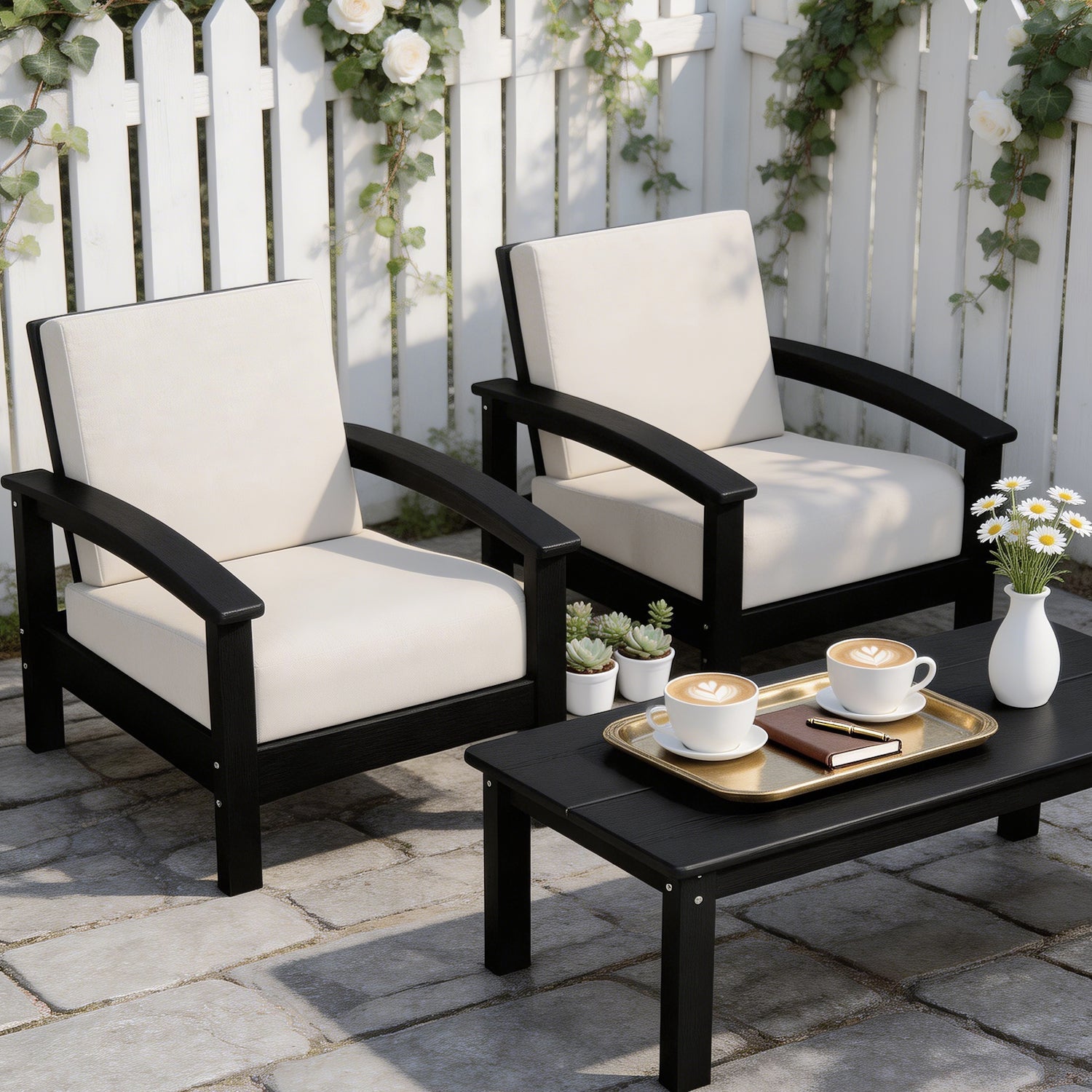 Hdpe All-weather Two Single Sofas & Coffee Table Set – Compact Outdoor Patio Conversation Set Plawdlik Furniture