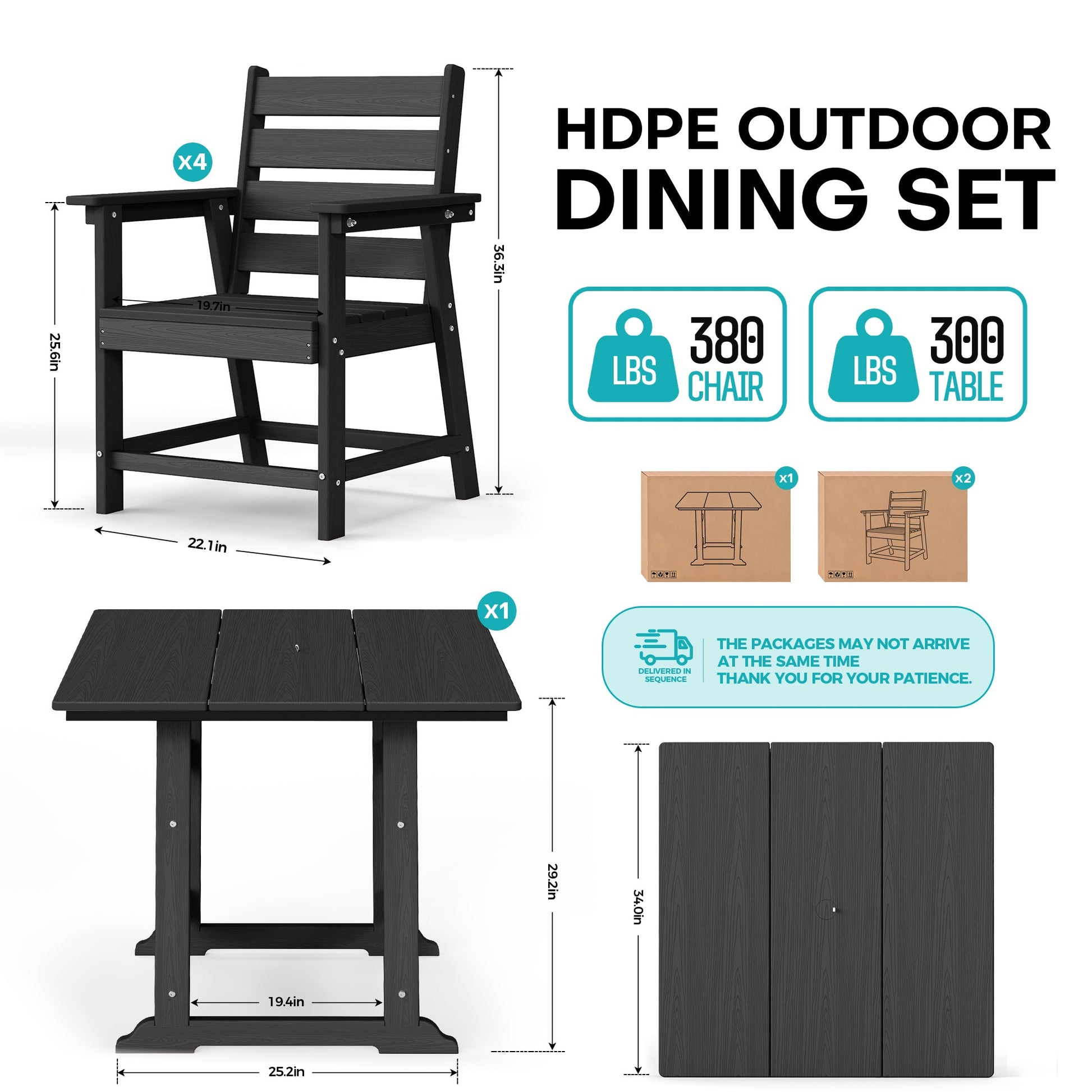 5 Piece HDPE Patio Dining Set, All-Weather Square Table and 4 Ergonomic Chairs Plawdlik Furniture
