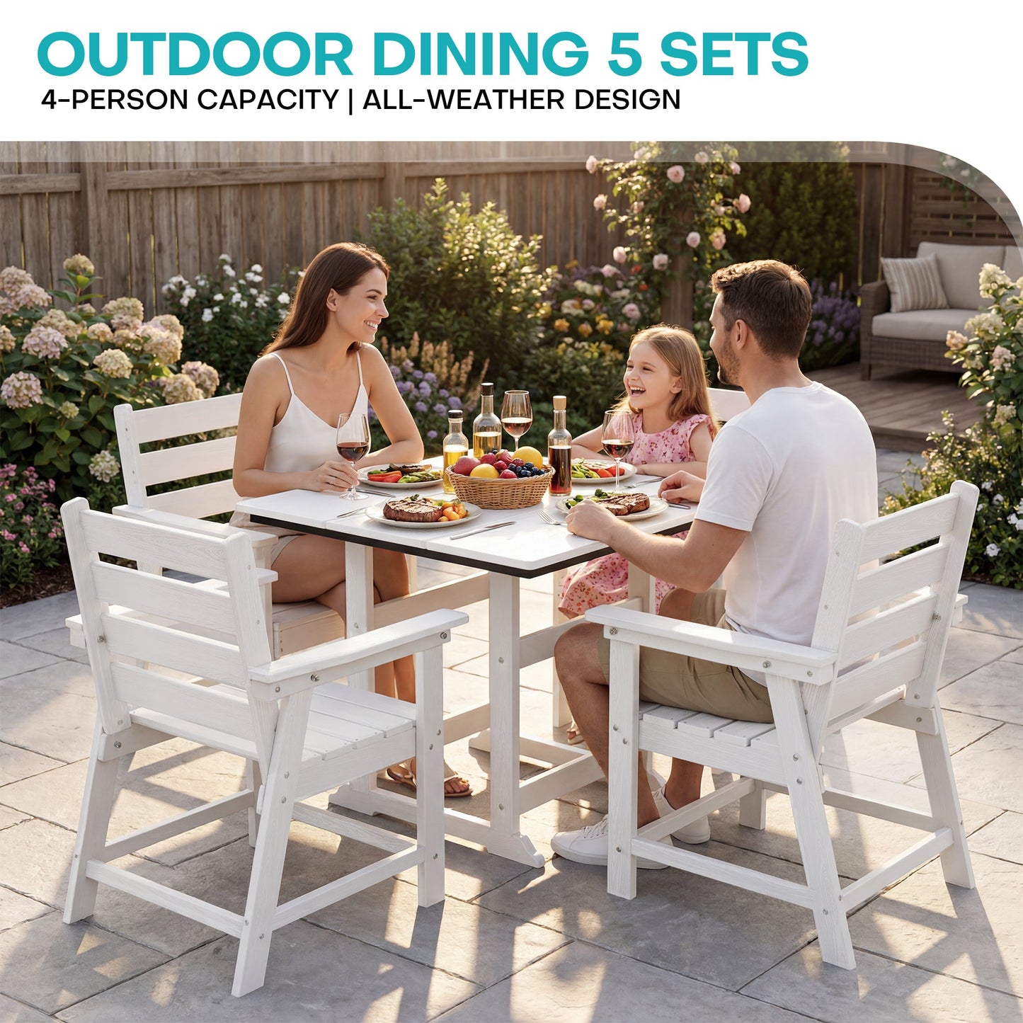 5 Piece HDPE Patio Dining Set, All-Weather Square Table and 4 Ergonomic Chairs Plawdlik Furniture