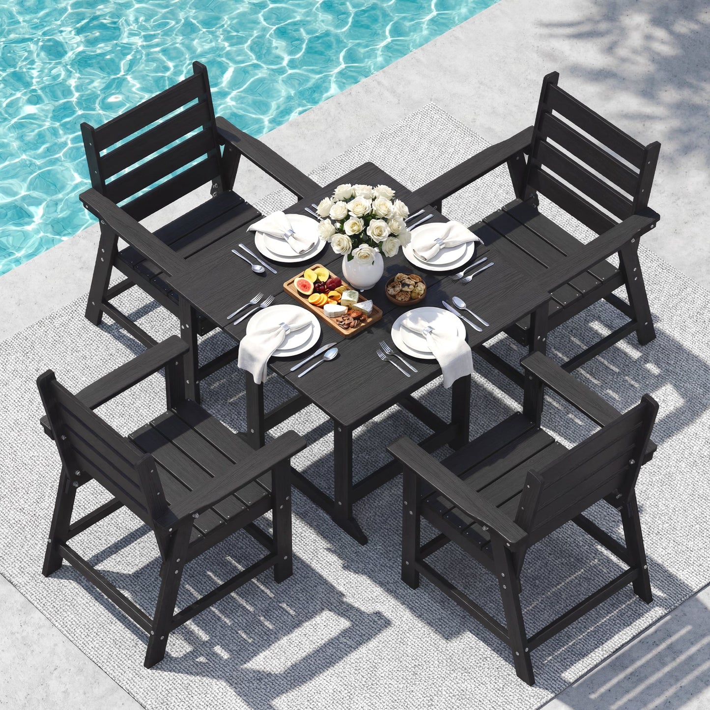 5 Piece HDPE Patio Dining Set, All-Weather Square Table and 4 Ergonomic Chairs Plawdlik Furniture