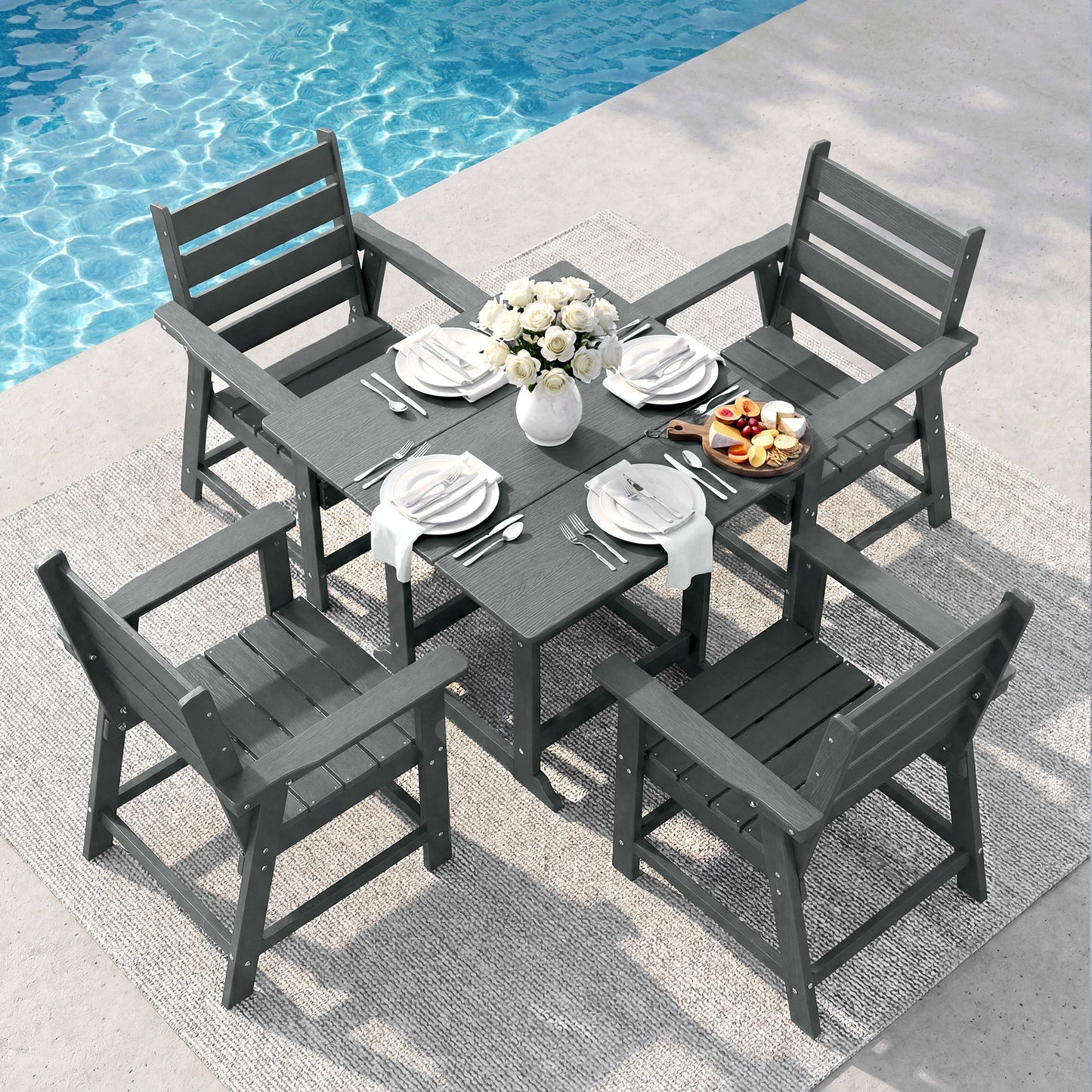 5 Piece HDPE Patio Dining Set, All-Weather Square Table and 4 Ergonomic Chairs Plawdlik Furniture