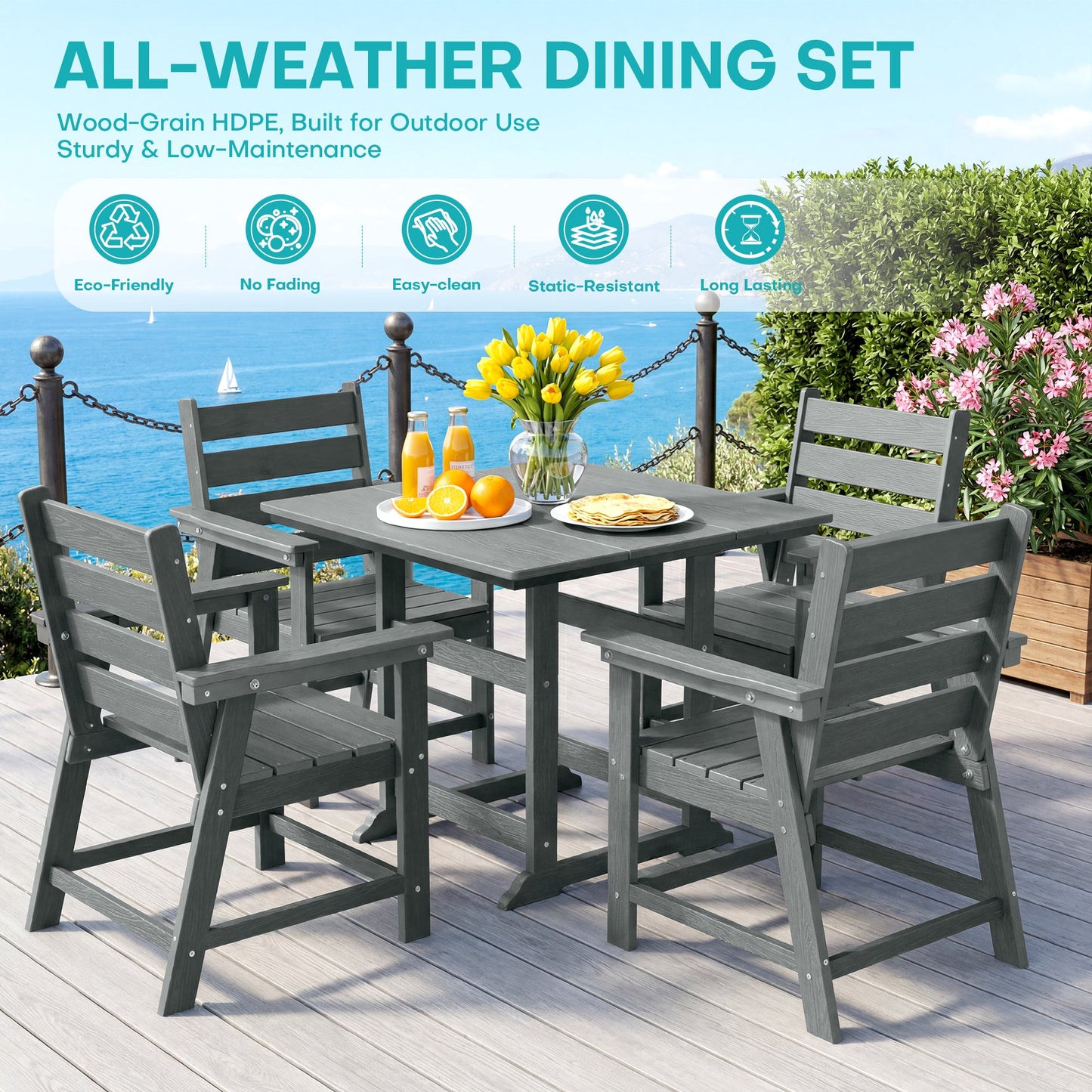 5 Piece HDPE Patio Dining Set, All-Weather Square Table and 4 Ergonomic Chairs Plawdlik Furniture