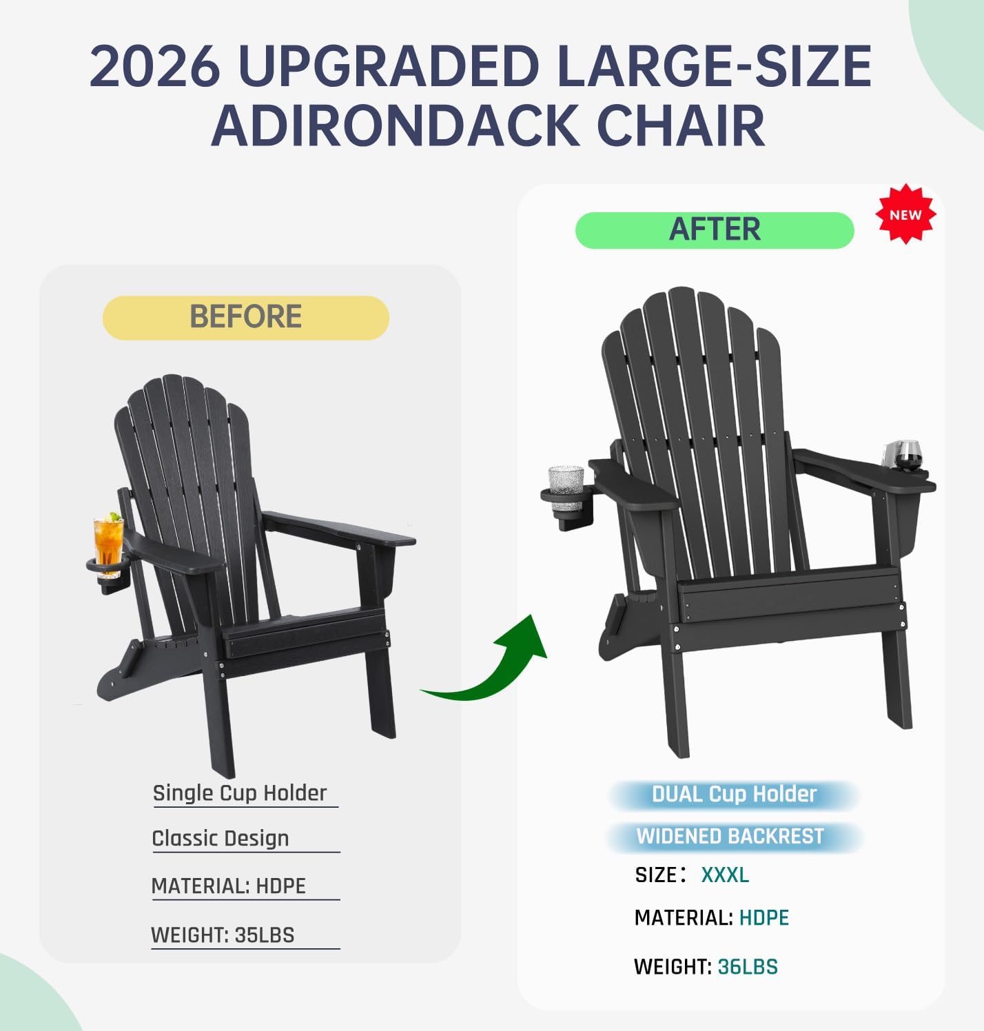Plawdlik Oversized Folding Adirondack Chair with Dual Cup Holders Plastic Outdoor Plawdlik Furniture