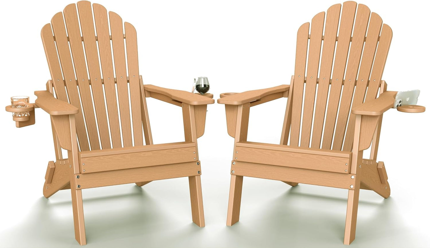 Plawdlik Folding Adirondack Chair Set of 2 with Dual Cup Holders, SGS Tested Heavy-Duty All-Weather HDPE Outdoor Patio Chairs, Widened Comfortable Seating, Wood-Grain Texture Plawdlik Furniture